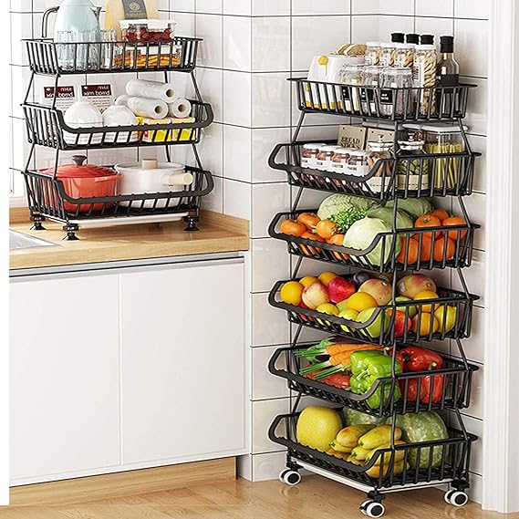Metal Wire Baskets With Wheels 6 Tier Stackable Fruit