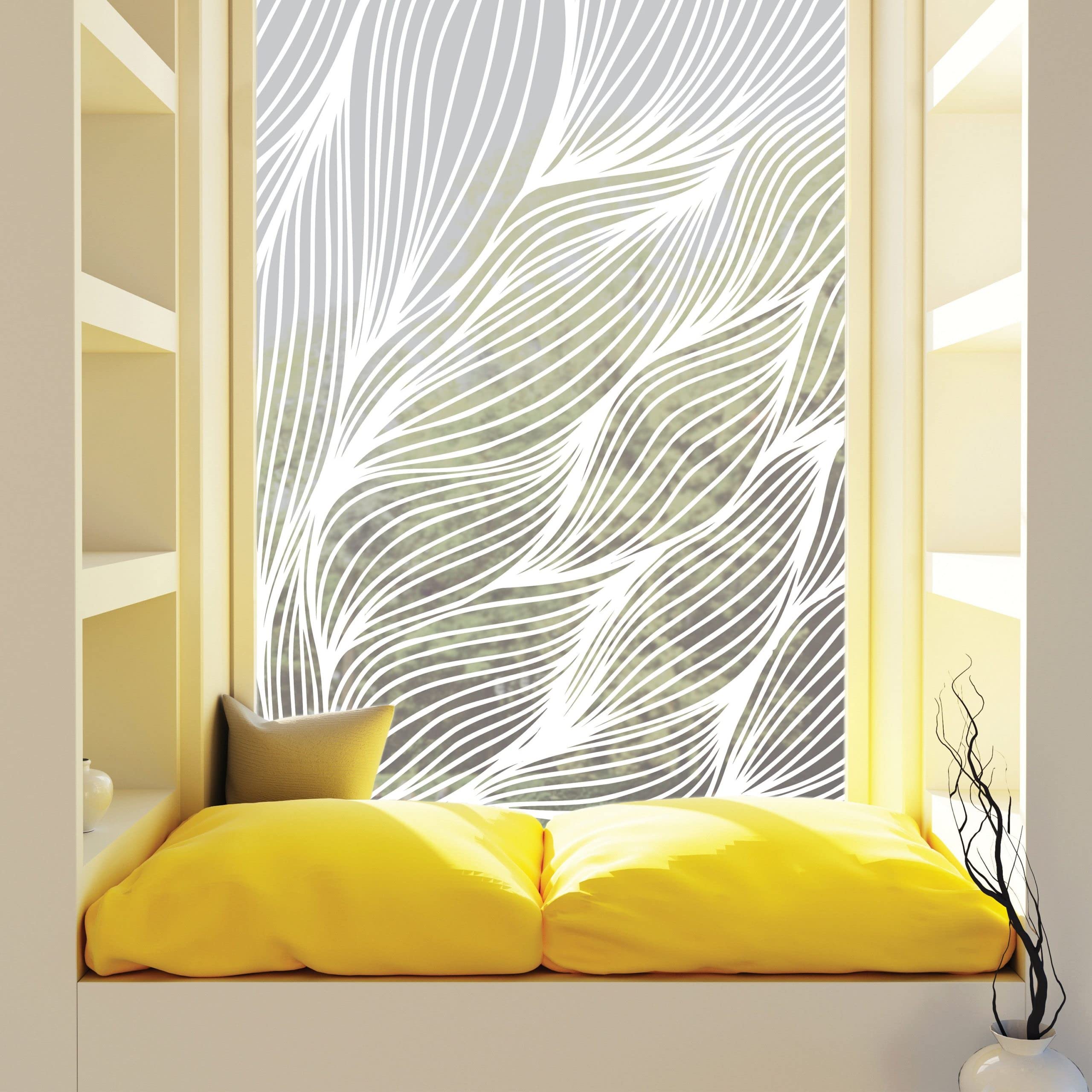 Sichtschutzfolie Fenster Küche Blätter Linien Fensterfolie Fensterdeko Milchglasfolie, 120 cm hoch, 90 cm breit