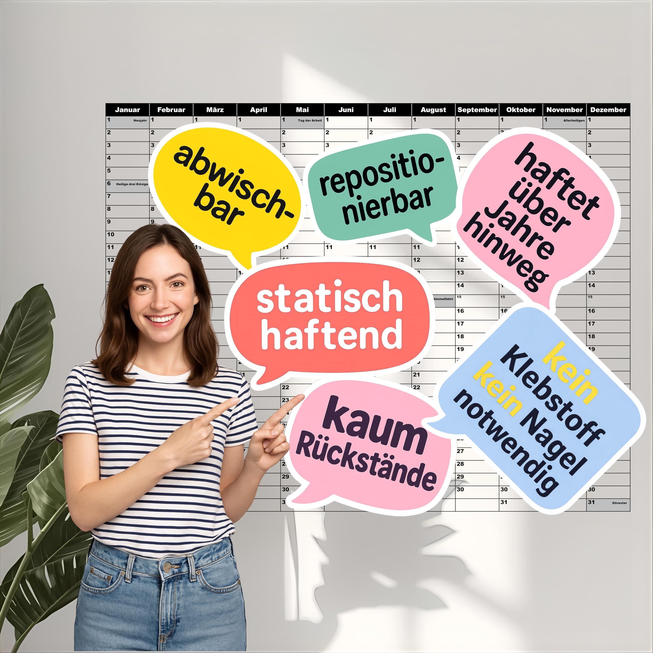 XL Wandplaner 70x66 cm, statisch selbsthaftend, abwischbar, wiederverwendbar & rückstandsfrei. Wandkalender, Jahresplaner für Büro & Familie mit Monats- & Wochenplaner. Größe zw. DIN A1 und DIN A2
