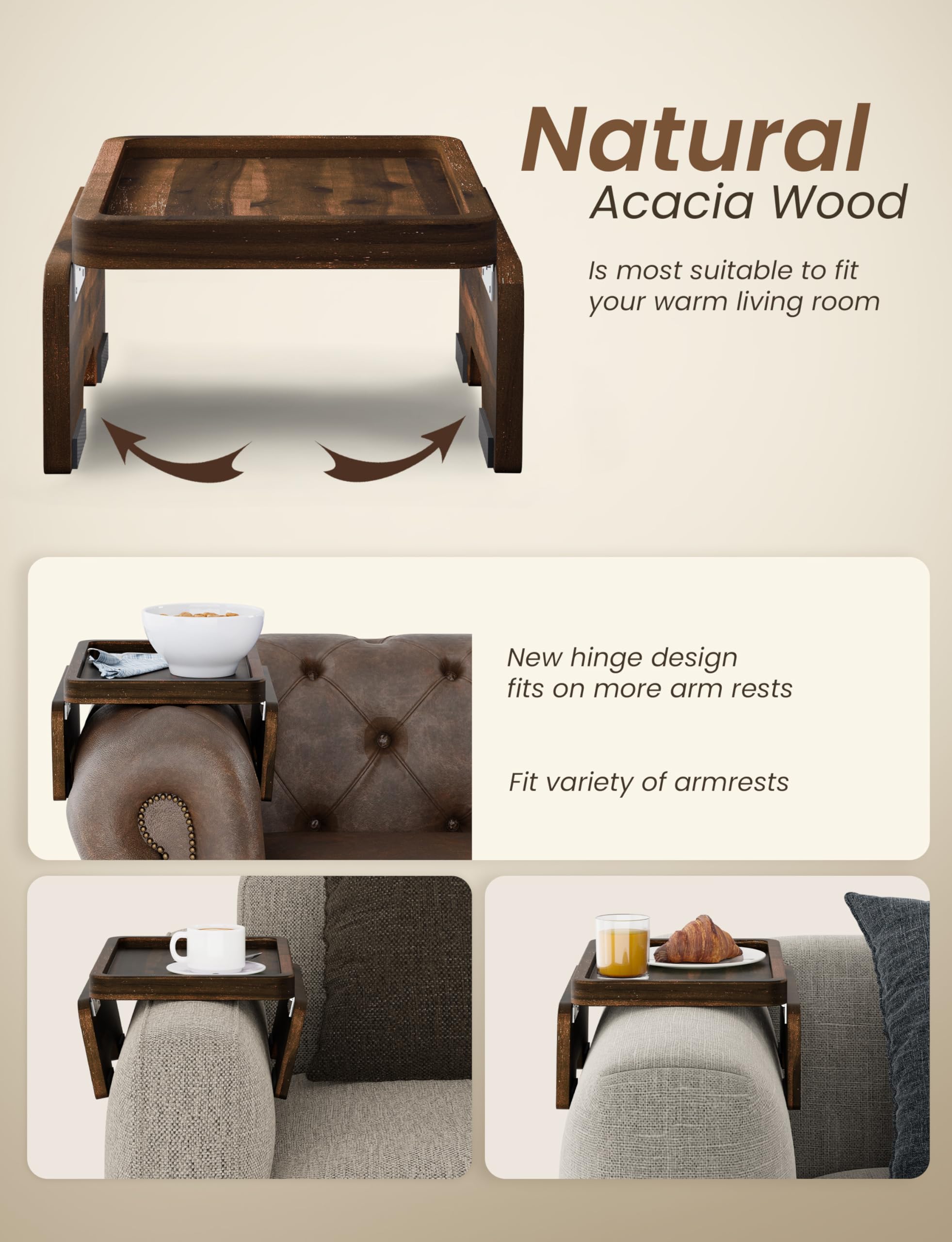 HOLANA Bandeja para reposabrazos de sofá de madera de acacia, doble bisagra, clip de mesa, mesa para reposabrazos de sofá, mesas auxiliares de madera para espacios pequeños para comer y beber