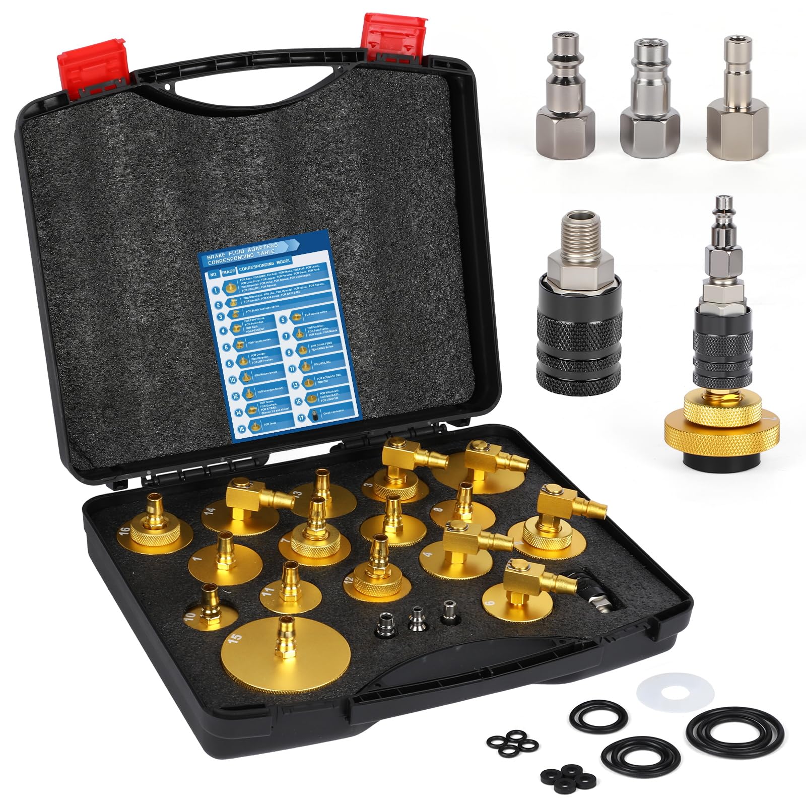 MRCARTOOL Juego de 20 adaptadores universales para cilindro maestro de freno de la mayoría de vehículos, con 16 adaptadores, acoplamiento rápido y 3 adaptadores