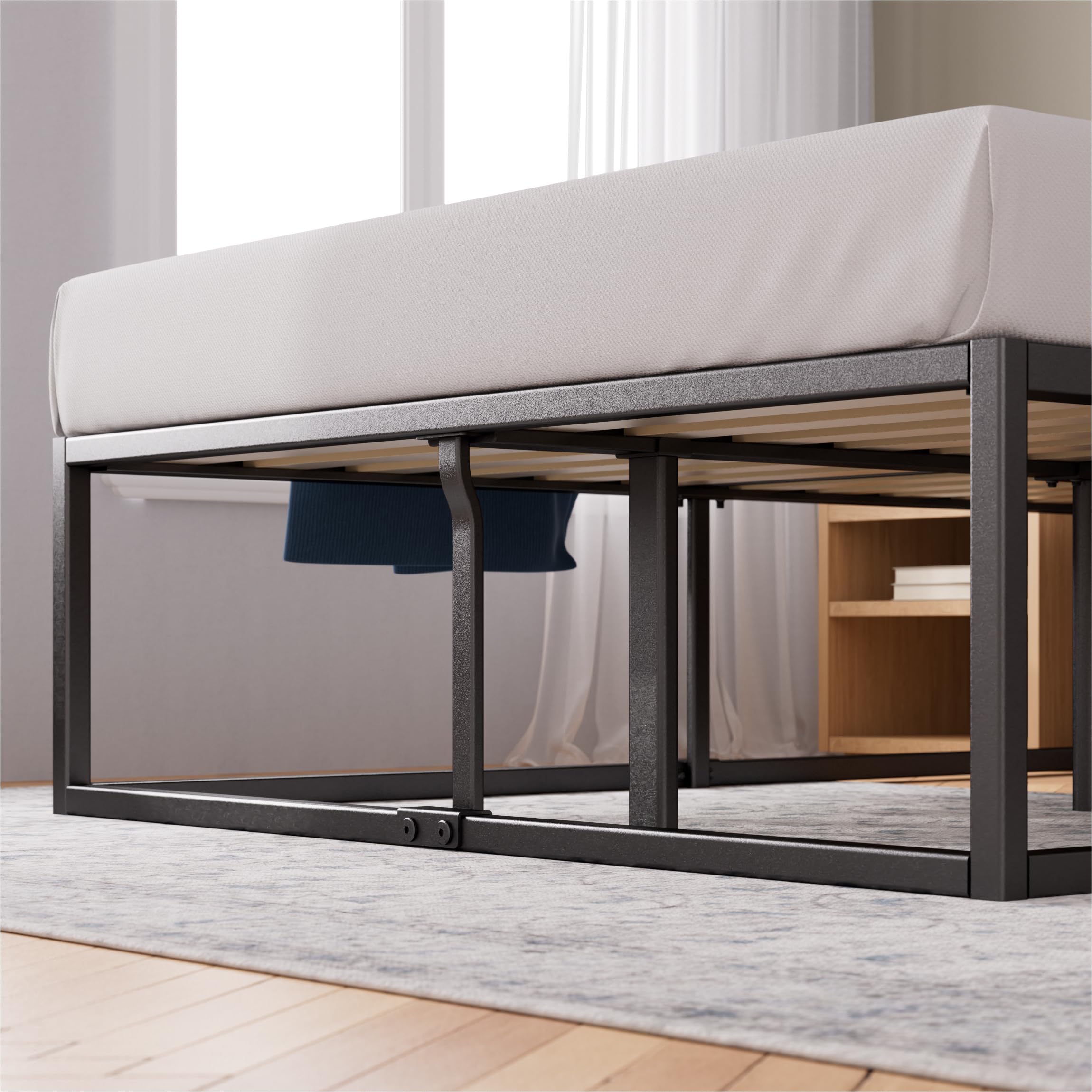 Zinus Joseph Letto 160x190 cm - Struttura letto alto 25 cm con spazio sotto il letto - Piattaforma in metallo con supporto in acciaio - Nero