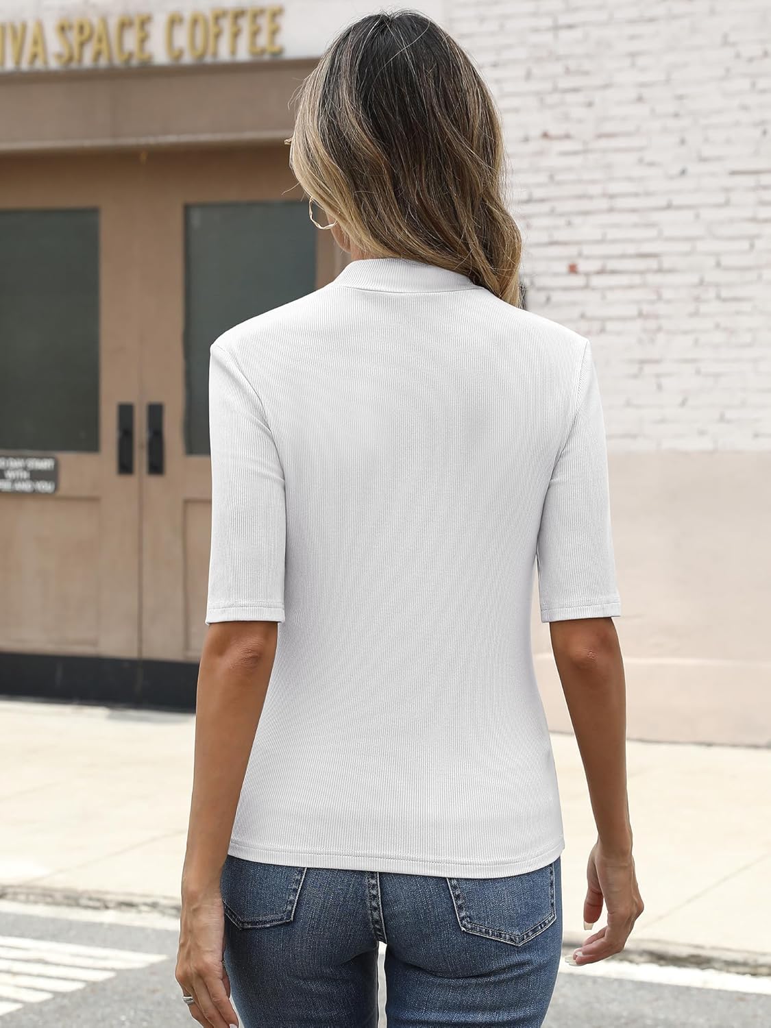 ANRABESS Womens Tops Mock Neck Half Sleeve Shirts Ribbed Knit Slim Fit Basic Tee 2026 Summer Fall Dressy Casual T-Shirts - Image 5