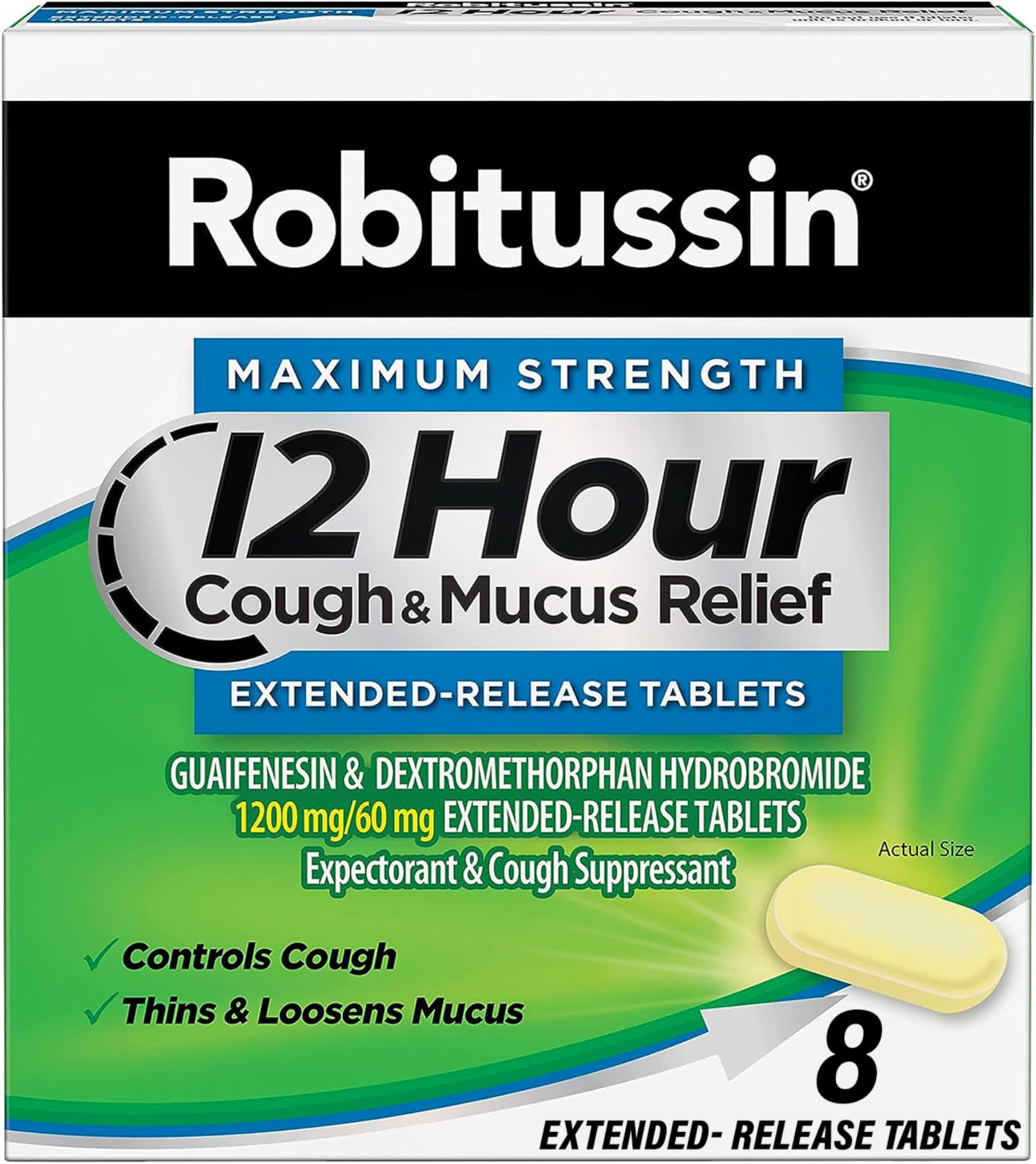 Robitussin Maximum Strength 12 Hour Cough and Mucus Relief, Expectorant and Cough Suppressant, 8 Extended-Release Tablets