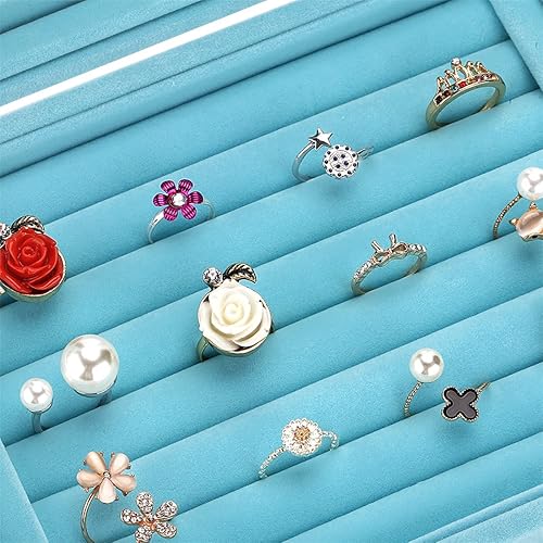 Miniatura 4 de GSLSTGS Caja de almacenamiento de joyería de cristal de terciopelo para anillos aretes caja de joyería estuche para anillos 2 cierres azul claro