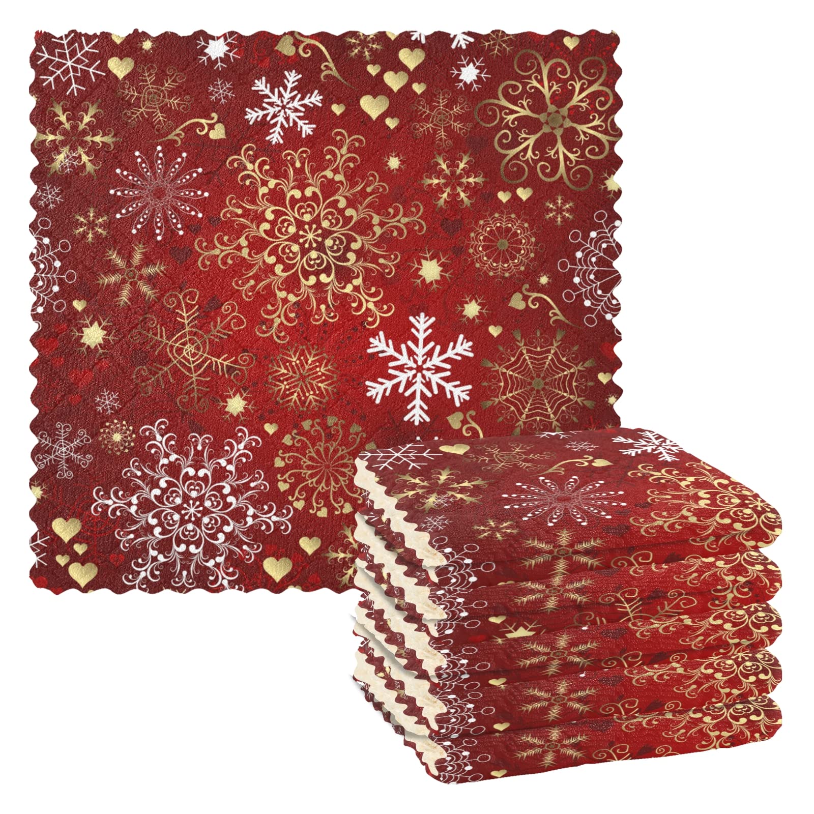SUABO Christmas Kitchen Towels 6 Pack Red Snowflakes Dish Towels Reusable Cleaning Dish Cloths Dish Rag for Kitchen