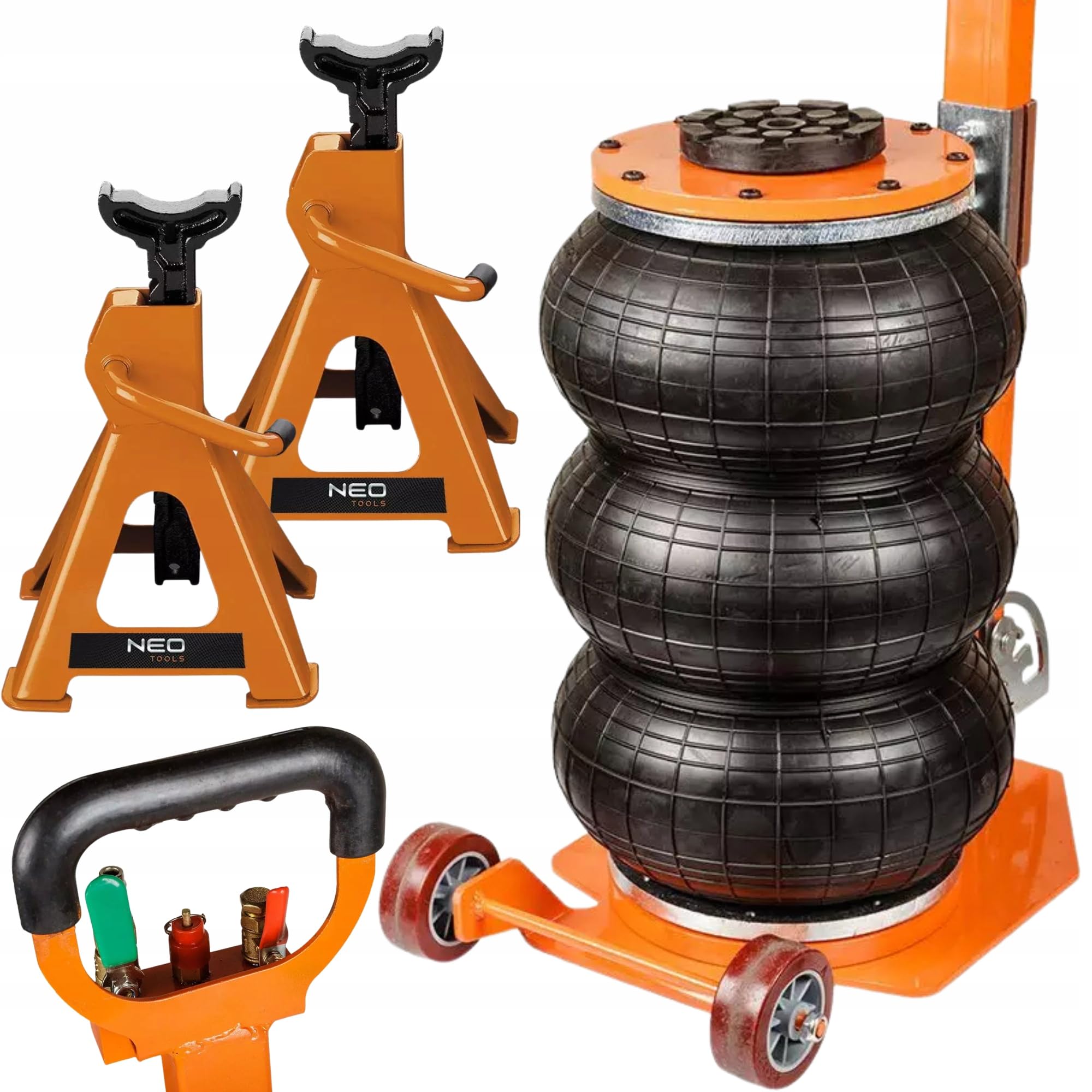 NEO Podnośnik Pneumatyczny 3T 14,5-42cm Bałwanek Poduszka + Kobyłki 3T