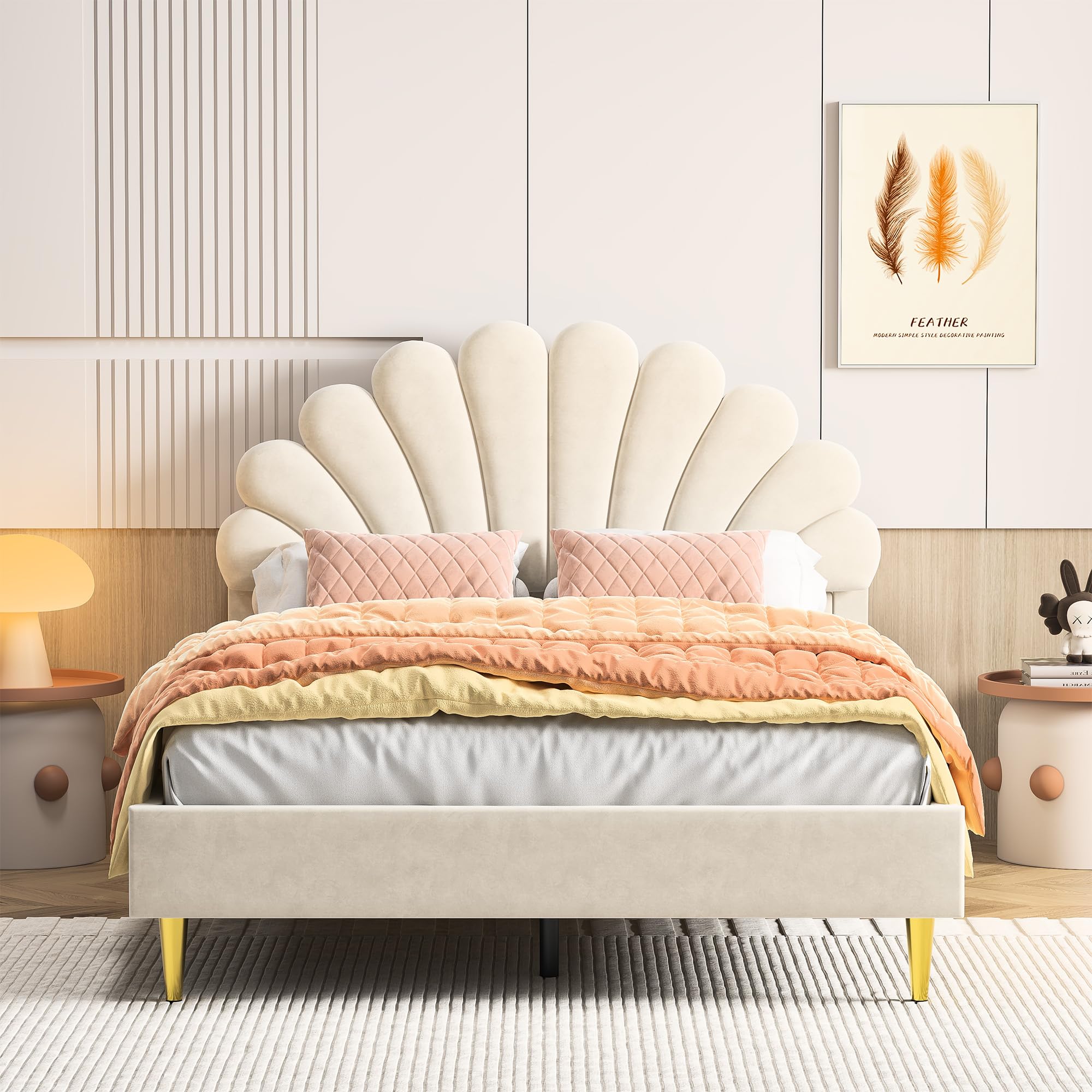 Lit Enfant Rembourré 140x200 cm,Lit Double Fille avec Tête de lit en Forme de Coquillage,Cadre de Lits avec Sommier à Lattes pour Enfants & Adultes, Velours, Beige, sans Matelas