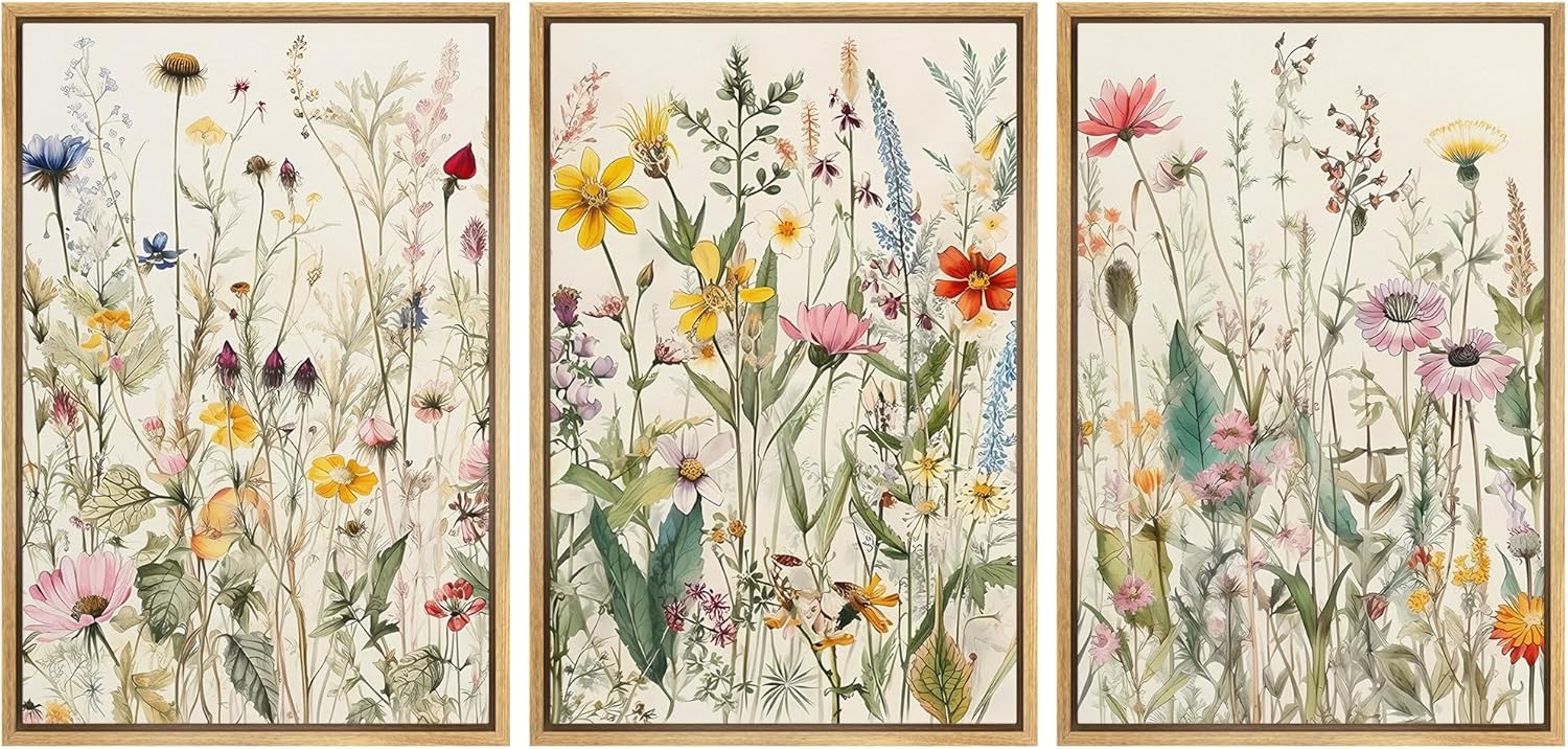 NWT Framed Canvas Print Wall Art Set Vibrant Wildflower Garden Farmhouse Decor Nature Wilderness Illustrations Modern Art Decorative Floral Botanical Flowers for Bedroom - 16"x24"x3 Natural