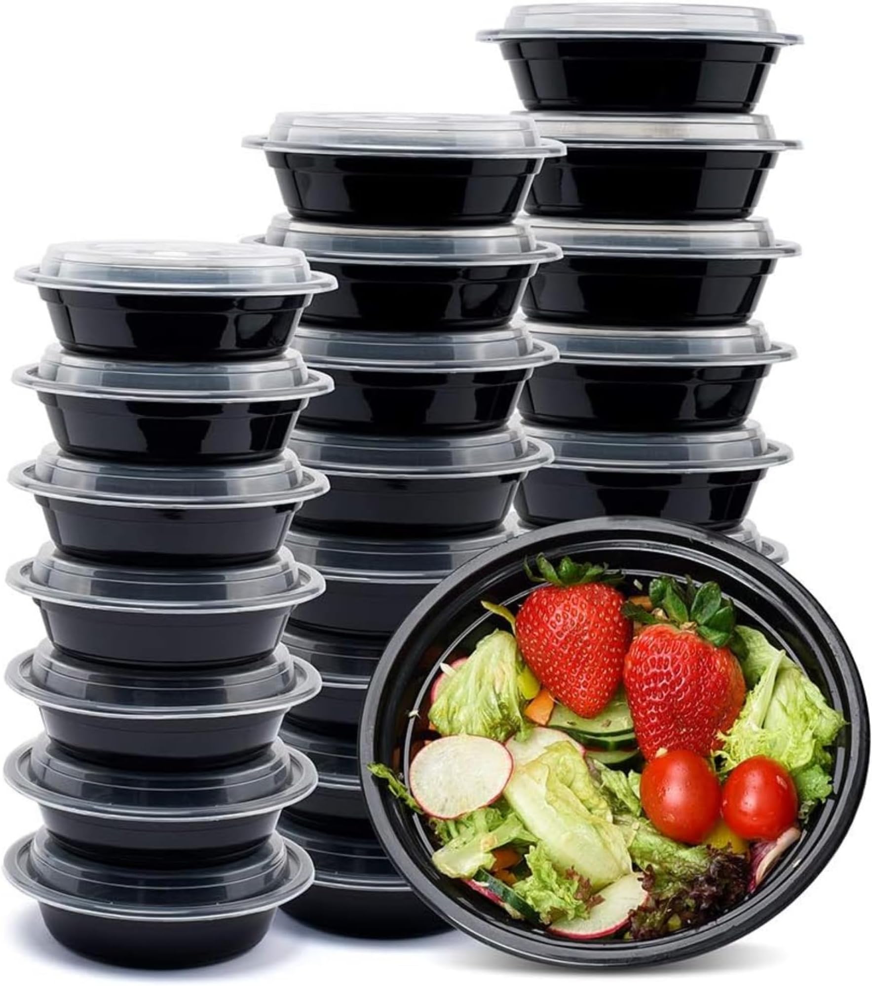Meal Prep Containers with Lids - 12 Pack 16 Oz Meal Prep Bowls, Disposable Food Prep Containers, Round To Go Containers with Lids, BPA-Free. Freezer & Dishwasher Safe Pack of 12, black