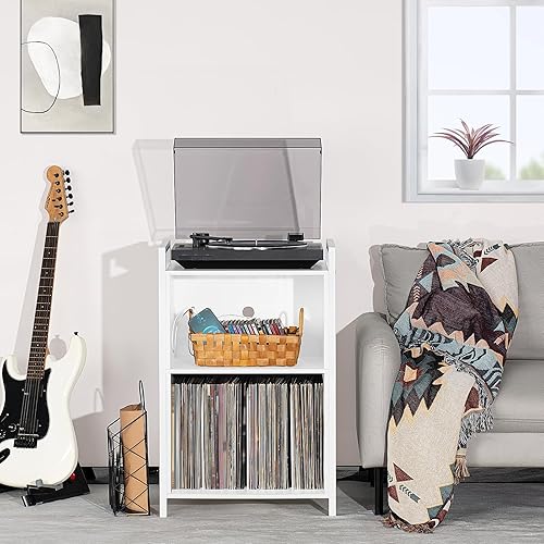 Miniatura 20 de YAHARBO Soporte para tocadiscos, soporte para discos de vinilo de 3 estantes con almacenamiento, soporte para discos blanco, soporte para tocadiscos
