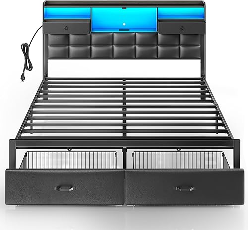 Rolanstar - Base de cama tamaño King con cajones y estación de carga, cabecera de almacenamiento tapizada y luz LED, soporte de metal resistente, no