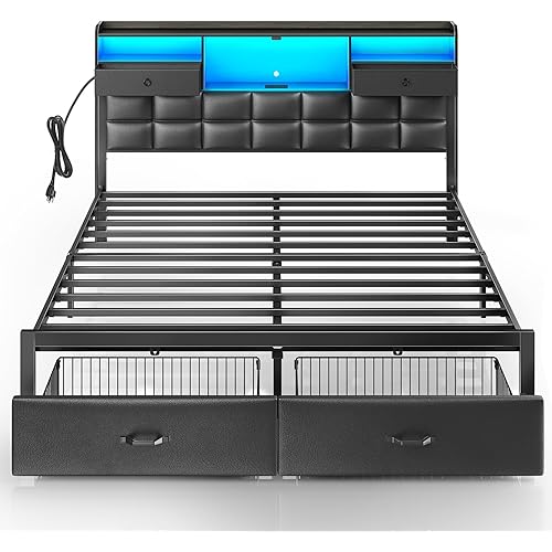 Rolanstar Bed Frame King Size with Drawers and Charging Station, Upholstered Platform Bed with Storage Headboard and LED Light, Heavy Duty Metal Frame Support, No Box Spring Needed, Noise Free, Black