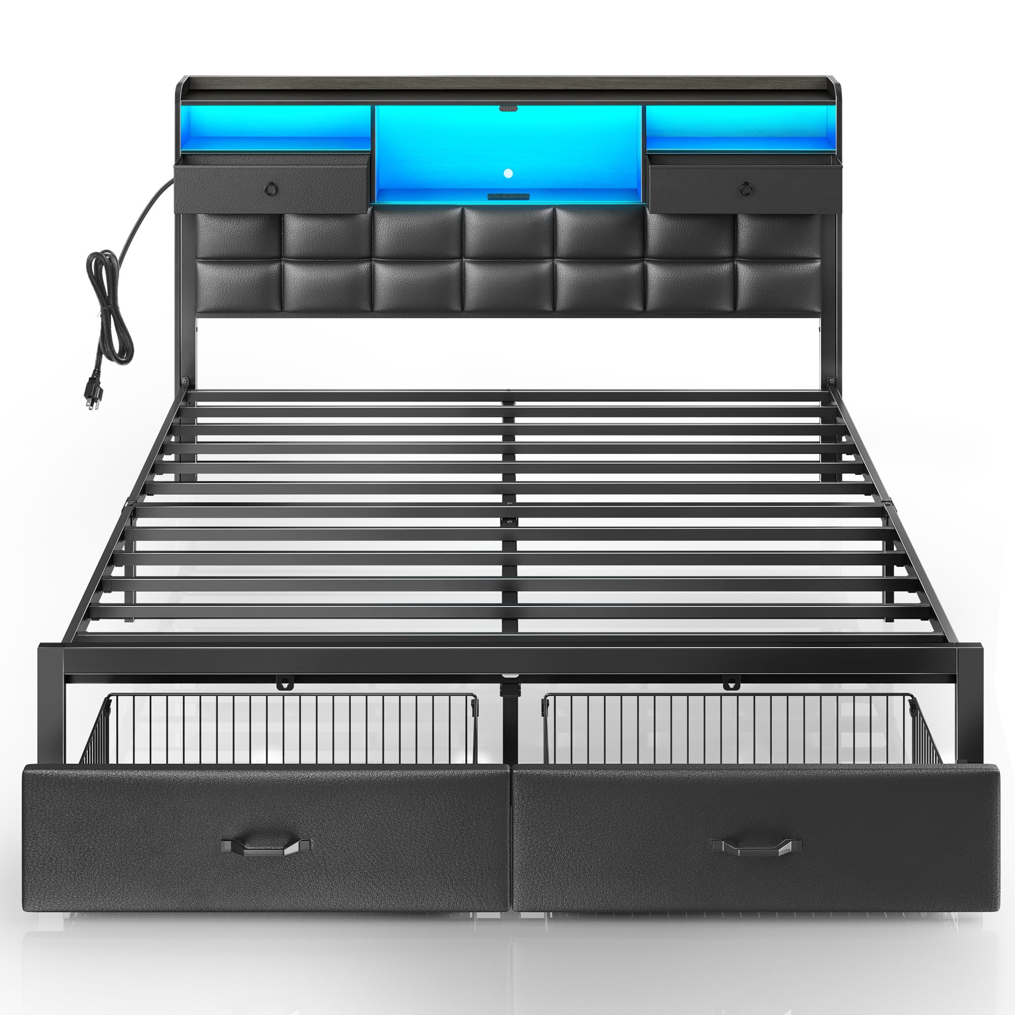 Rolanstar Bed Frame King Size with Drawers and Charging Station Upholstered Platform Bed with Storage Headboard and LED