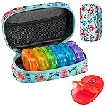 Serfeymi Weekly Travel Pill Organizer 2 Times A Day AM PM Upgraded Rainbow Pill Box 7 Day with Portable Zipper Canvas Pill Case, Medicine Organizer for Pills, Vitamins, Fish Oils - Green 01