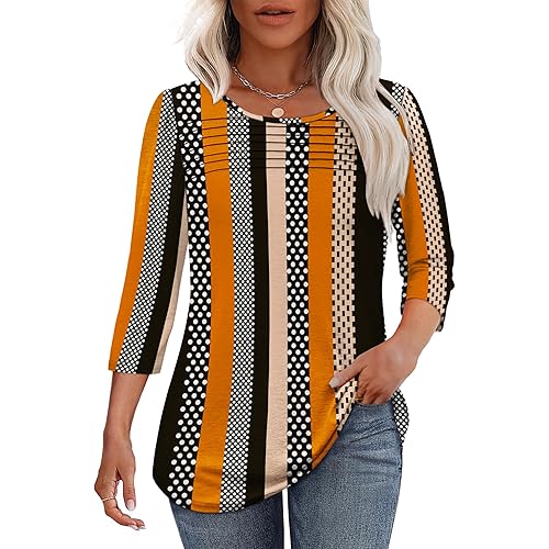 OFEEFAN Womens Tops 3/4 Length Sleeve Blouses Dressy Casual Spring Summer Fall Outfits Pleated Front T Shirts Curved Hem