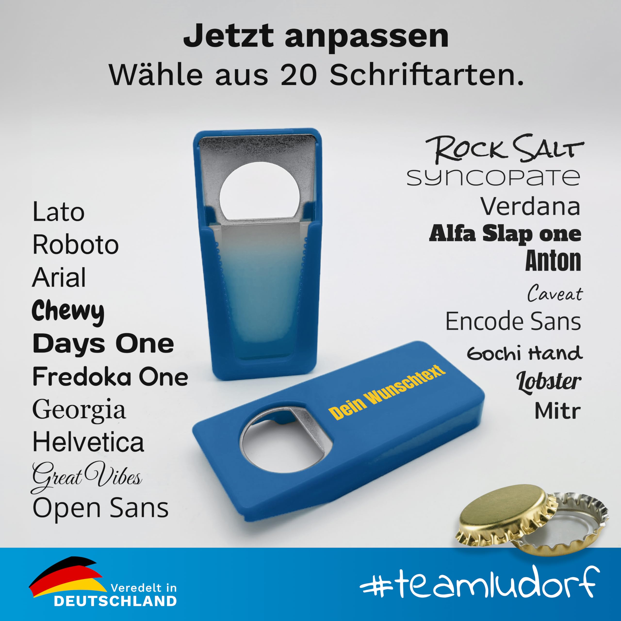Personalisierte Flaschenöffner mit Verschluss (100 Stück, Blau) – Mit eigenem Foto, Logo & Text bedruckbar – Nachhaltig aus Recycling-Kunststoff