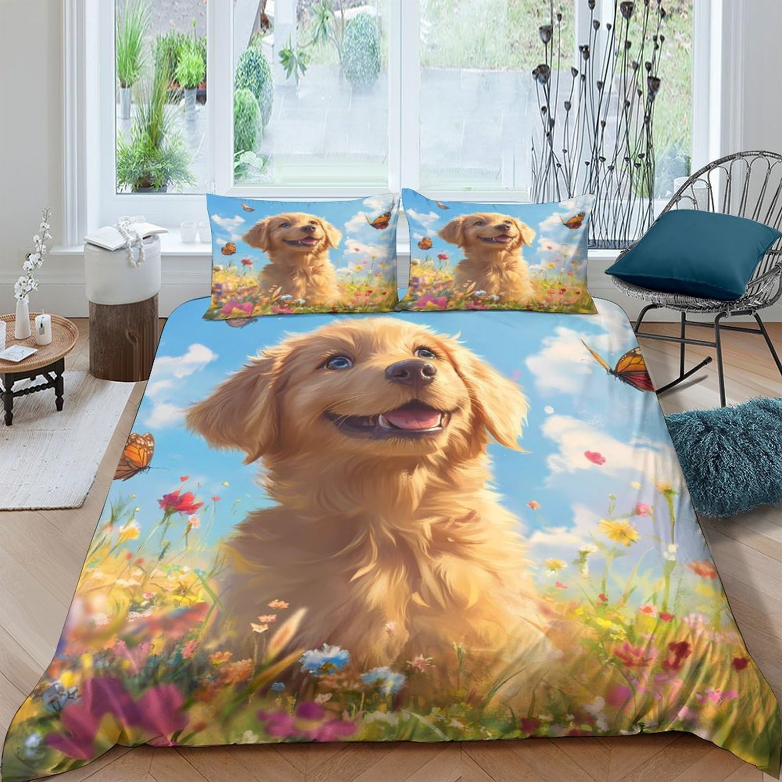 Ctjqhvkz Style-7 3D Printed Golden Retriever Dog Fitted Sheet Microfiber Soft Blue Sky Meadow Mattress Cover For Bedroom Guest Room Decor Single（135X200cm）