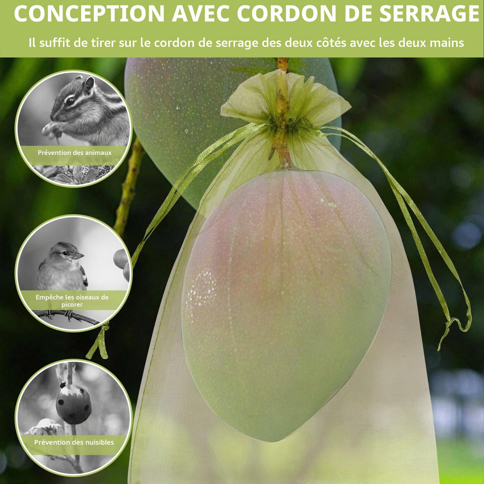 Sacs de protection pour raisins avec cordon de serrage 100 pièces - Réutilisables et respirants pour fruits (23 x 17 cm)