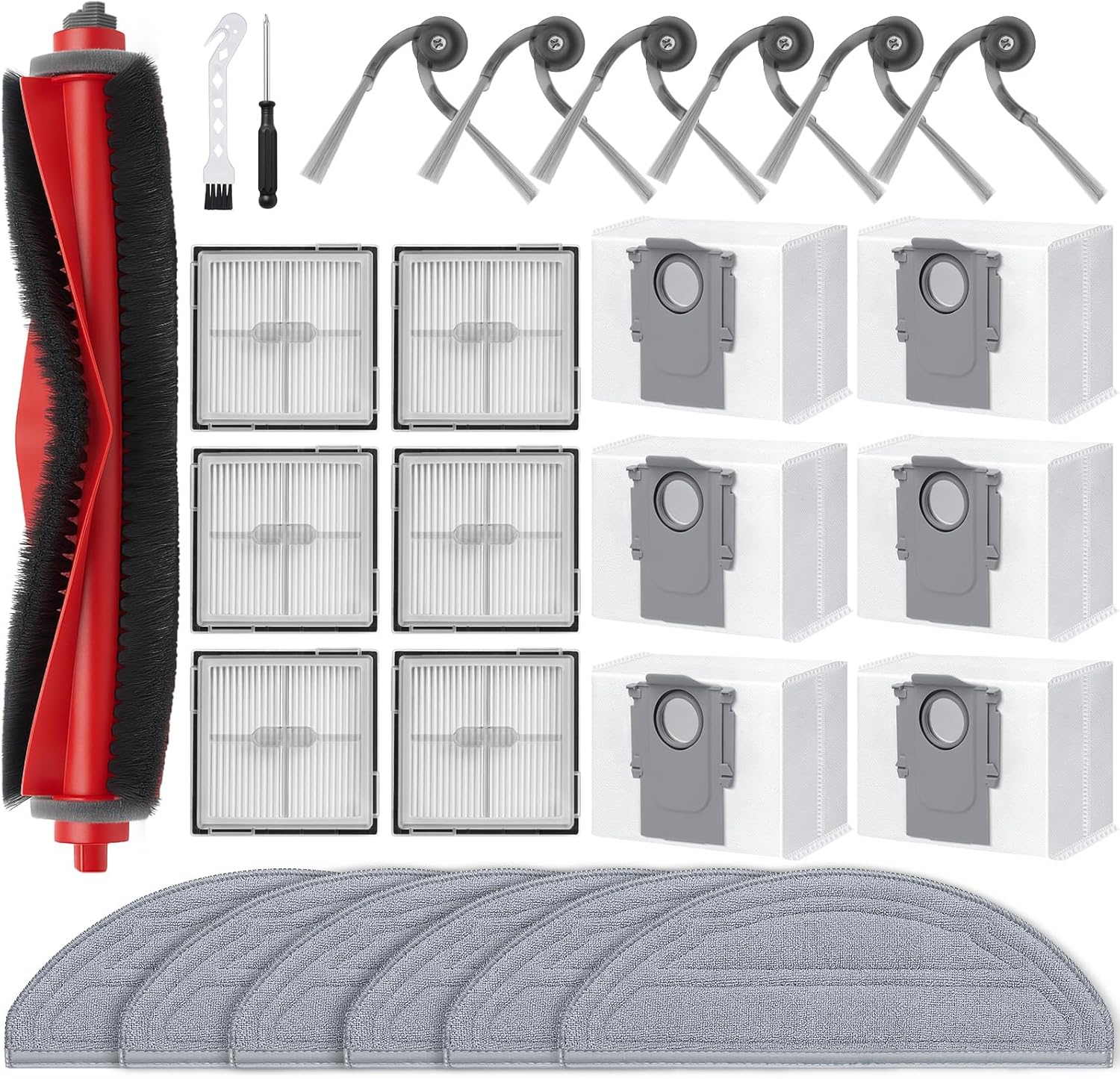 Q10 S5 Replacement Parts Accessories for Roborock Q10 S5+, Q10 X5+ Series Robot Vacuum Kit, 1 Main Brush, 6 Hepa Filter, 6 Mop Pads, 6 Side Brush, 6 Dust Bags,1 Screwdriver, 1 Clean Tool