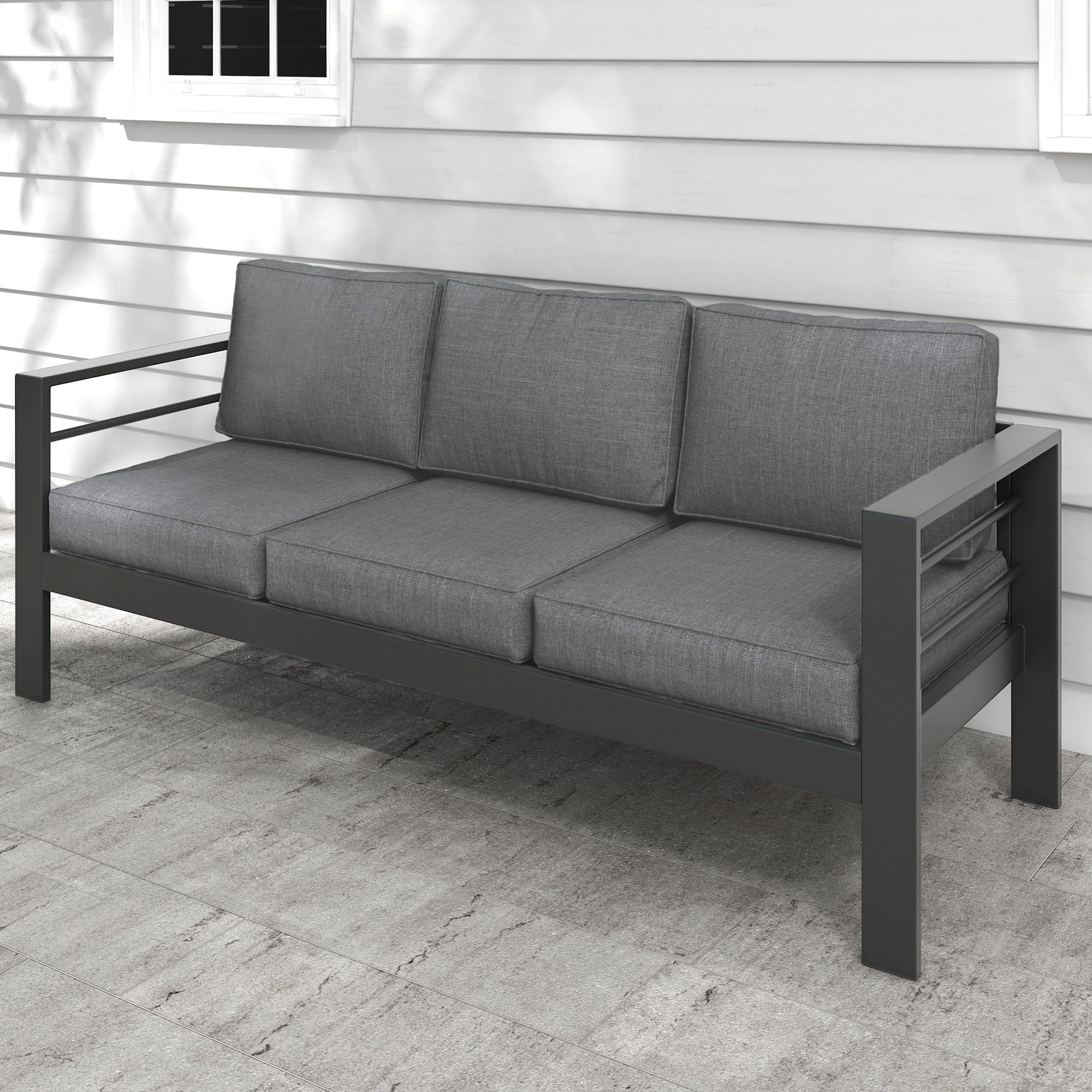 Sofá de aluminio para exteriores, sofá de 3 asientos de metal para todo tipo de clima, cojín suave y grueso de 5 pulgadas y brazo ancho, sofá al aire libre para balcón, porche 7