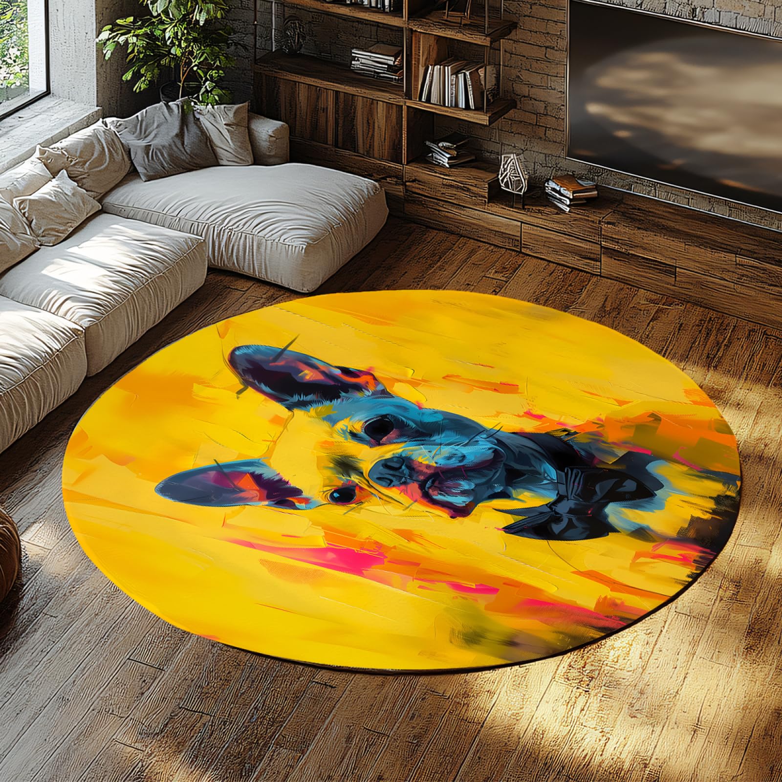 Tapis rond 140cm en peinture à l'huile avec portrait de chien gentleman pour chambre