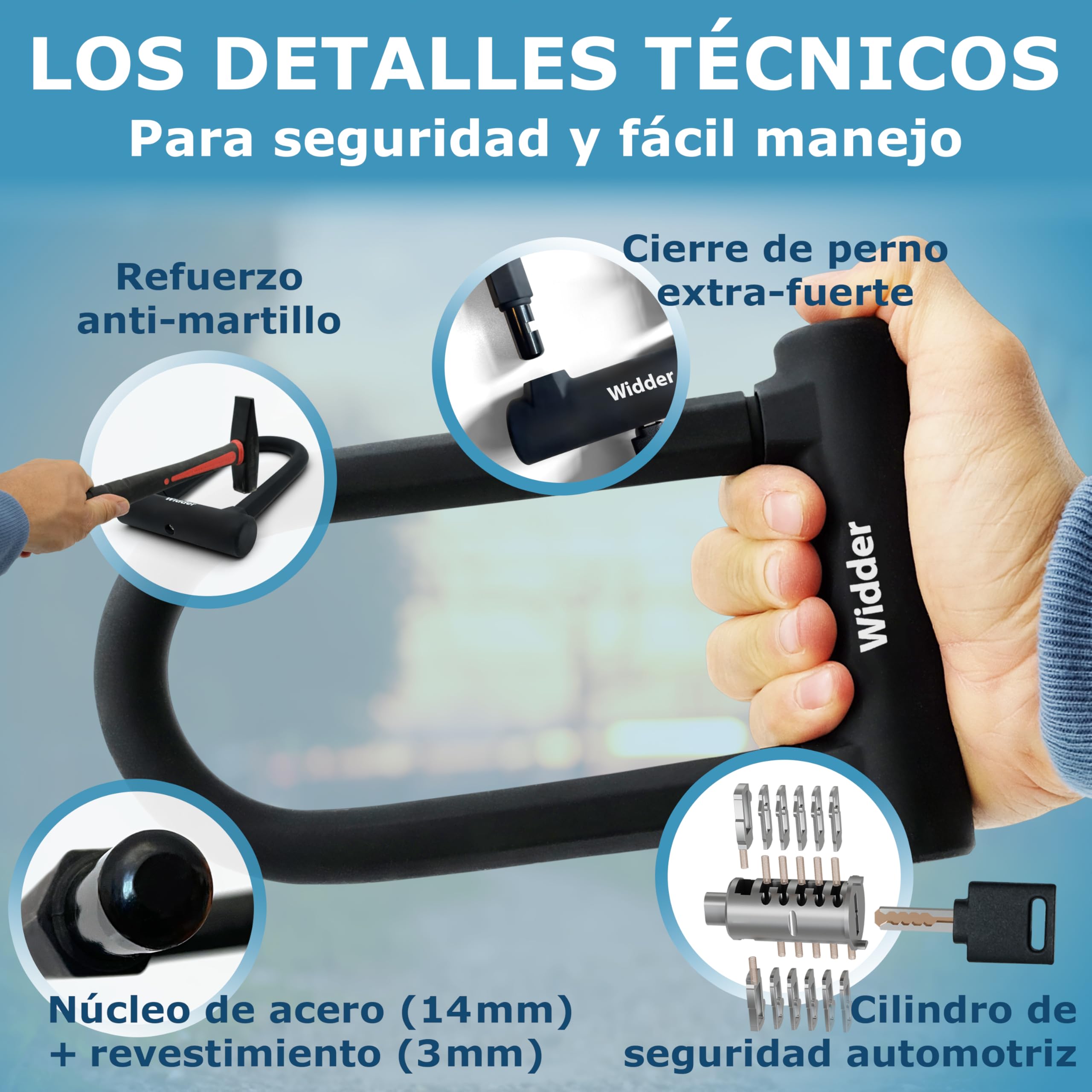 WIDDER pequeño antirrobo de horquilla bici [Candado alta seguridad, 800g] horquilla de acero macizo 14 mm, antirrobo U de alta seguridad, soporte & 3 llaves, e‑bike, e‑scooter, bici de carretera