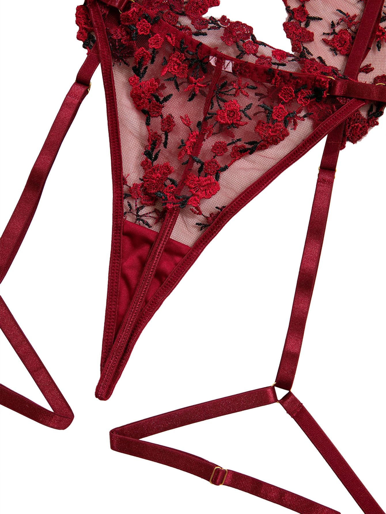 Lilosy Sexy Choker Floral Lace Scallop Sheer Underwire Push Up Garter Belt Lingerie Set 3 Piece: Medium Wine Red