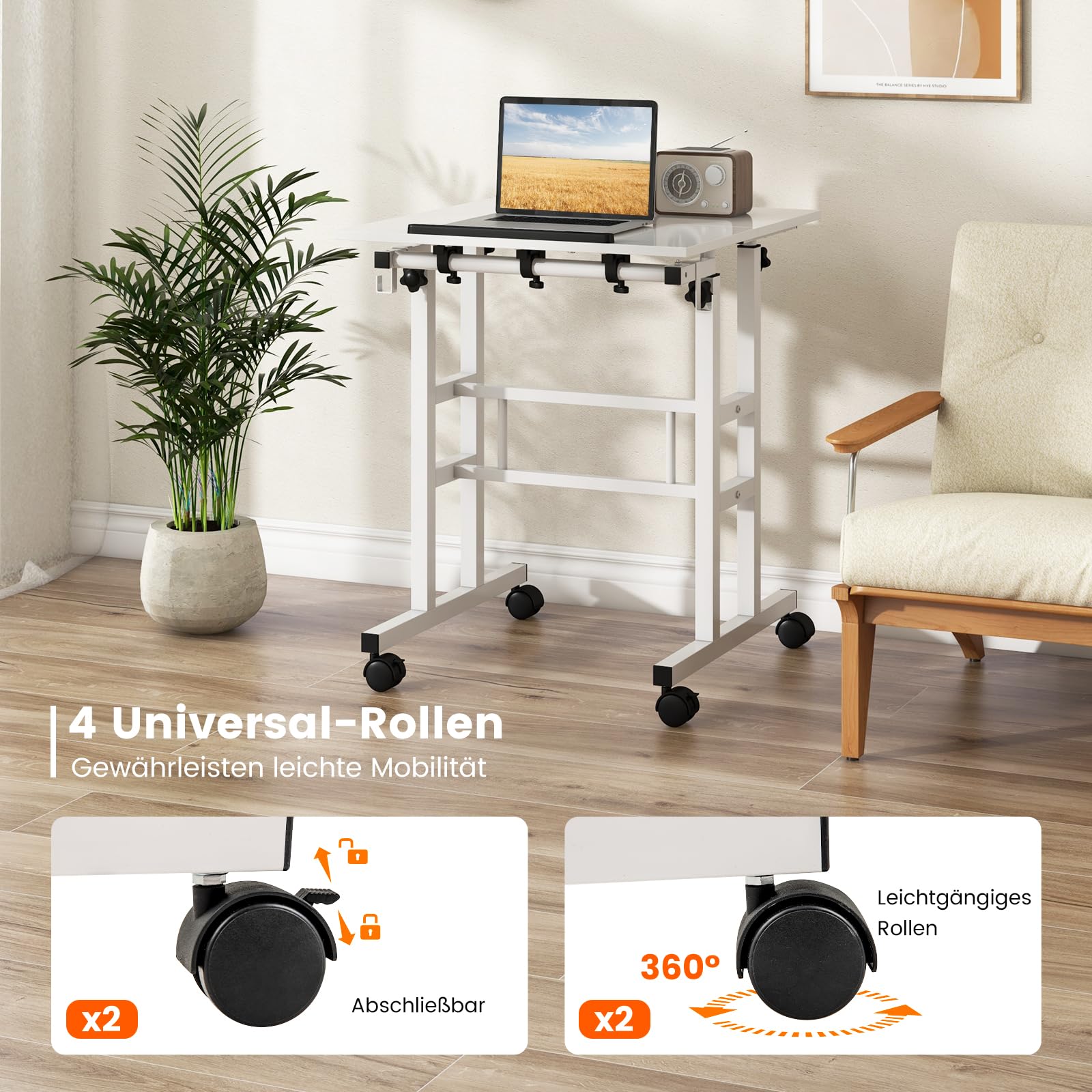 COSTWAY Stehpult Höhenverstellbar, mobiler Computertisch mit Rollen, neigbarer Tischplatte & 2 Haken, Schreibtisch, Steh-Sitz-Tisch, Laptoptisch für Zuhause, Büro (Weiß)