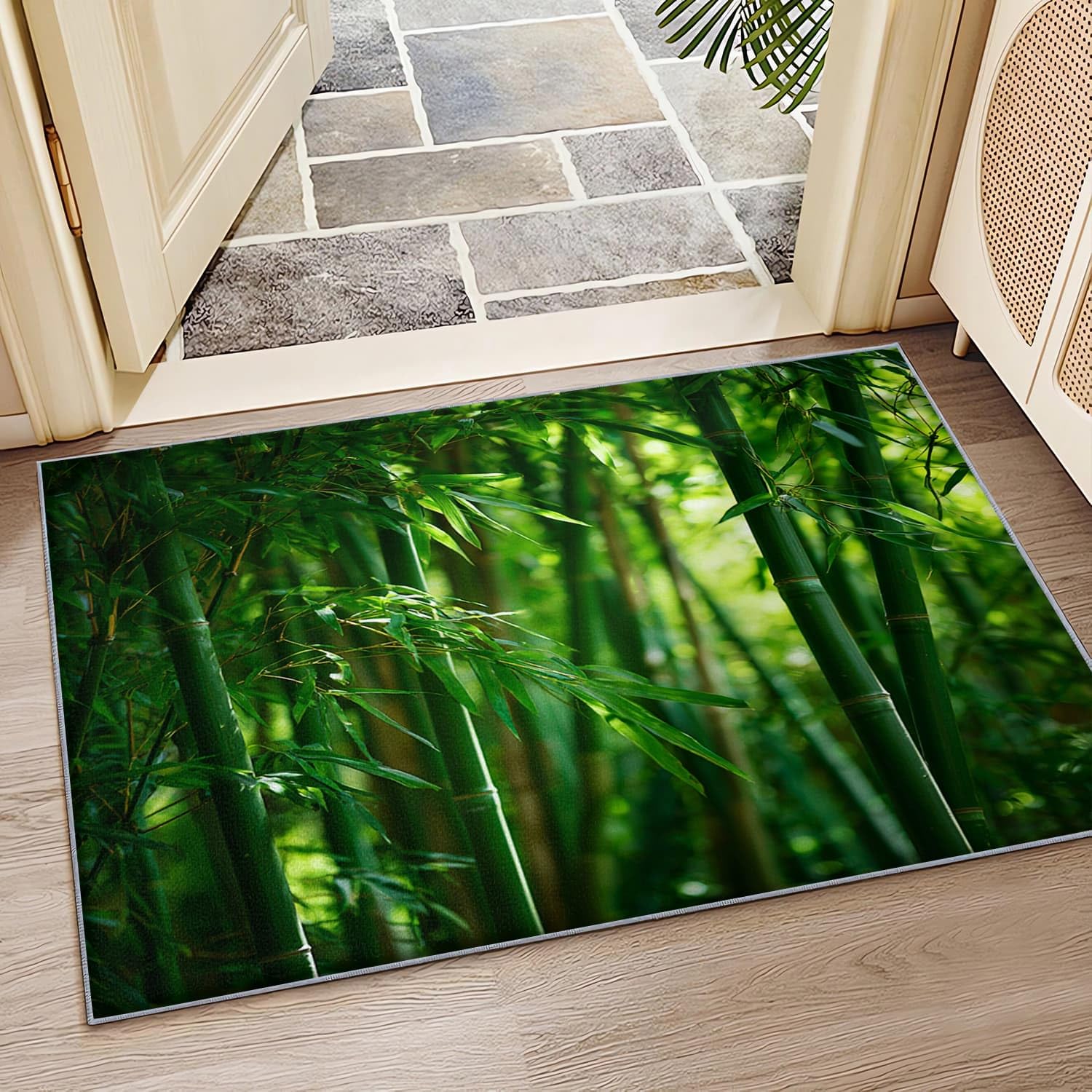 Antypoślizgowy zmywalny dywan do pokoju dziecięcego 160 x 230 cm natura bambus miękki krajobraz flanelowy dywan z krótkim włosiem do salonu, pokoju zabaw, zielony wystrój domu