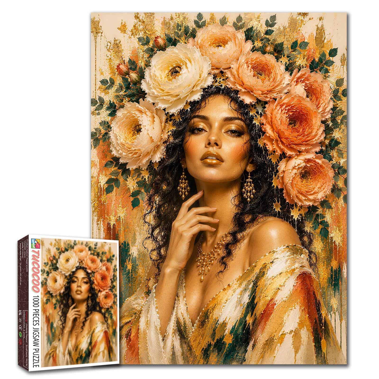 Flower Woman Puzzle 1000 Pieces for Adults Floral Portrait Jigsaw Queen Modern Art Puzzle Luxury Art Boho Romantic Puzzle Flower Lover Gift Perfect for Families Party Game — image 1