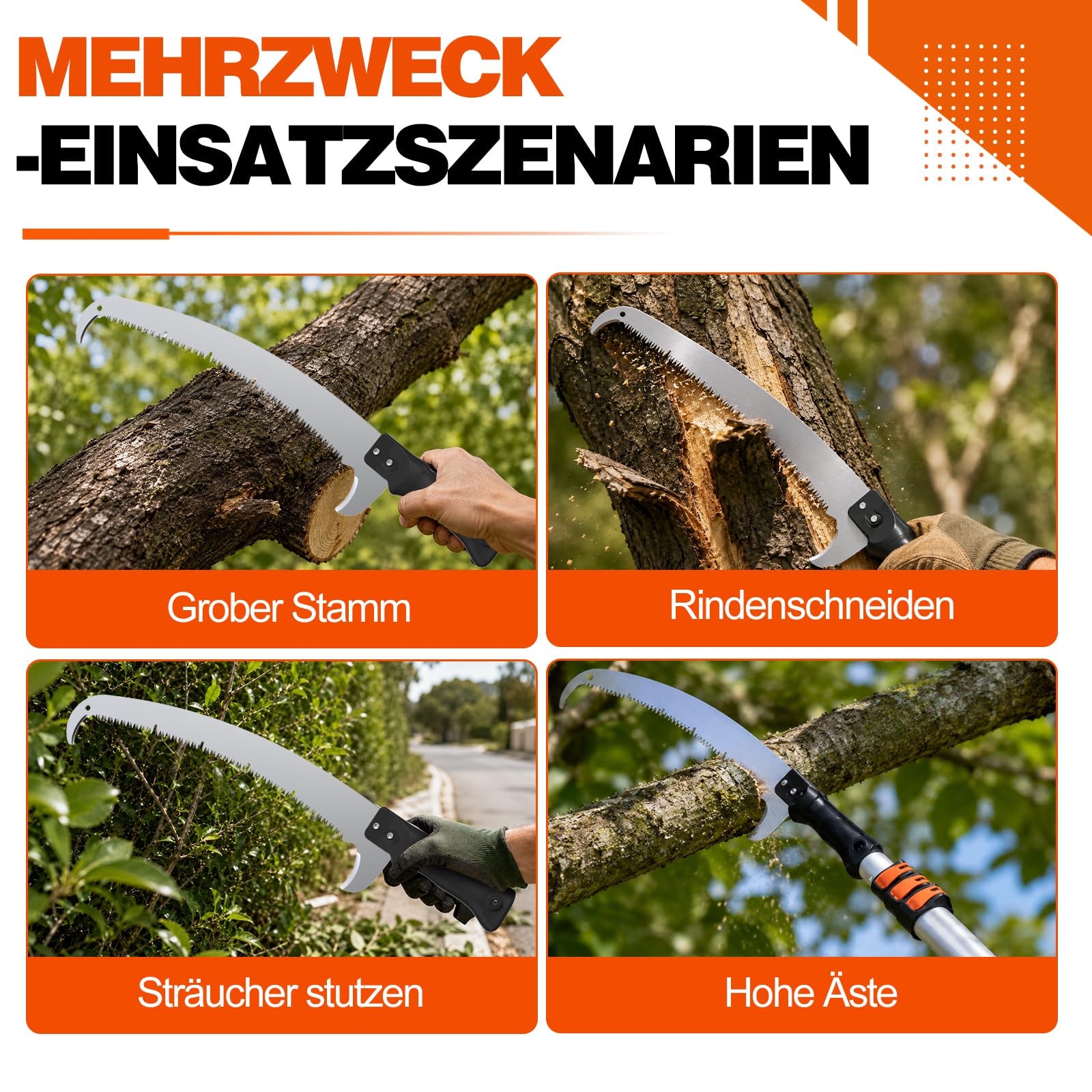 LAANPOLE 6m Obstpflücker & Sägeköpfe – Obstpflücker mit Teleskopstange für Äpfel, Zitrus, Pflaumen + Astsägeköpfe für Gärten, Forstwirtschaft – Alle passen an eine Stange