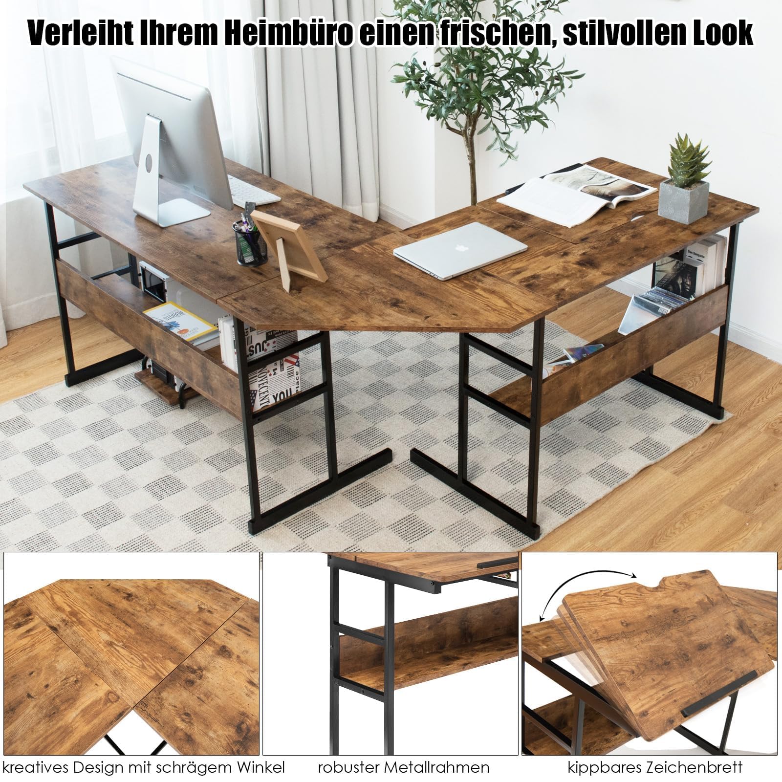 COSTWAY L-förmiger Schreibtisch, Eckschreibtisch aus Holz mit neigbarer Tischplatte, 2 Ablagen & CPU-Ständer, Computertisch für Zuhause & Büro, 170 x 150 x 75 cm (Braun)