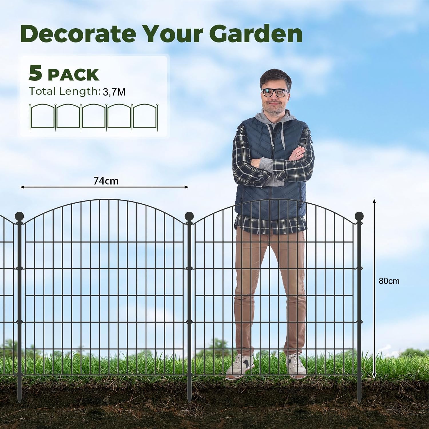 5 piezas Valla decorativa de jardín con puerta, 80 cm(H) X 3,7 m(L), barrera con estacas para perros, mascotas, conejos