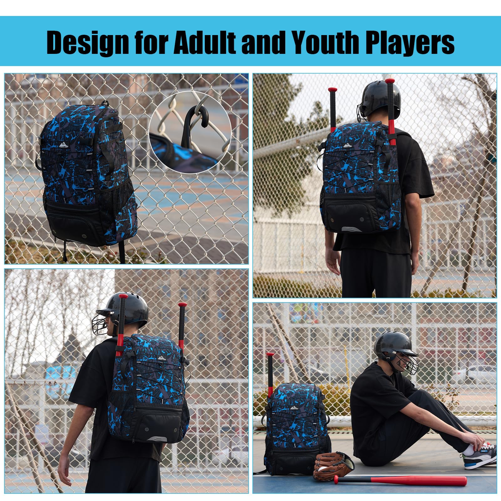 Power King 45L Youth Baseball Bat Bag, Large Capacity Backpack for Baseball, T-Ball & Softball Equipment & Gear with Shoe Compartment | Fence Hook | Helmet Holder