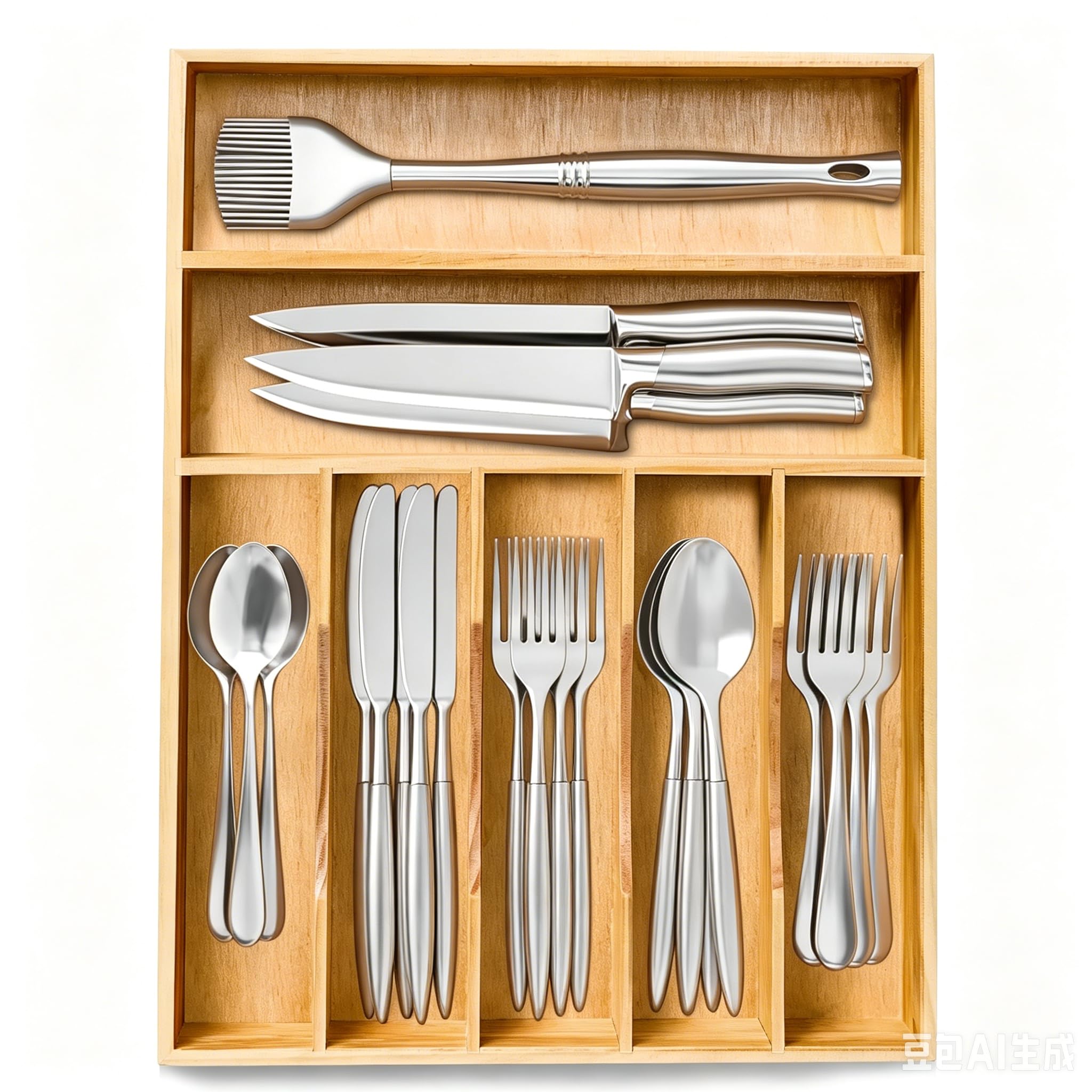 Cutlery Drawer Organiser, 7 Compartment Wooden Silverware Cutlery Tray Kitchen Utensil Holder for Flatware Forks Spoon Knives,12.2''x16.14''