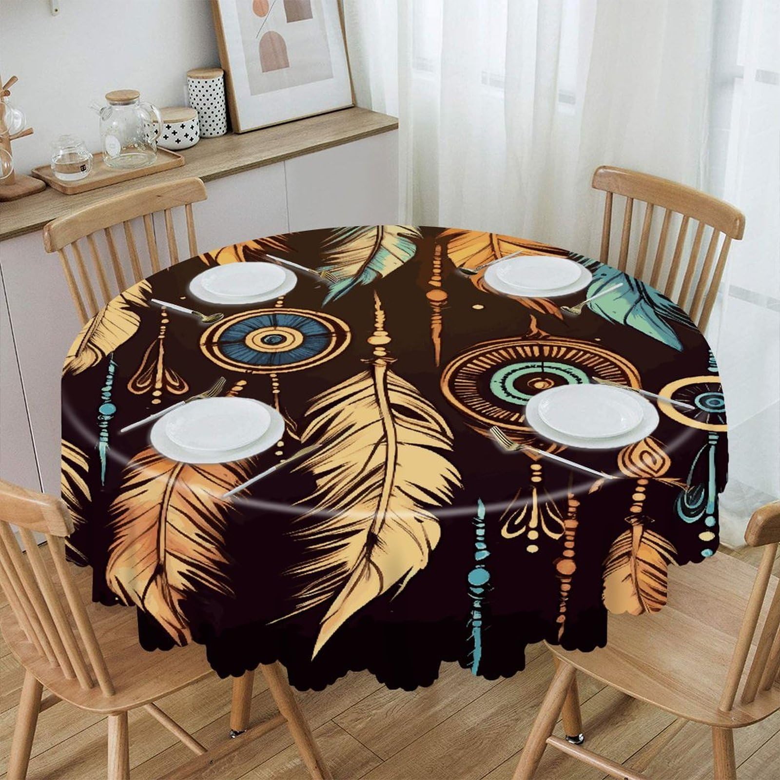 VstaDank Vintage Ethnic Tribal Feather Round Tablecloth 60 Inch Easy to Clean Circle Table Cover Thick Decorative Round Polyester Table Cloth for Dining Kitchen Party Farmhouse Outdoor