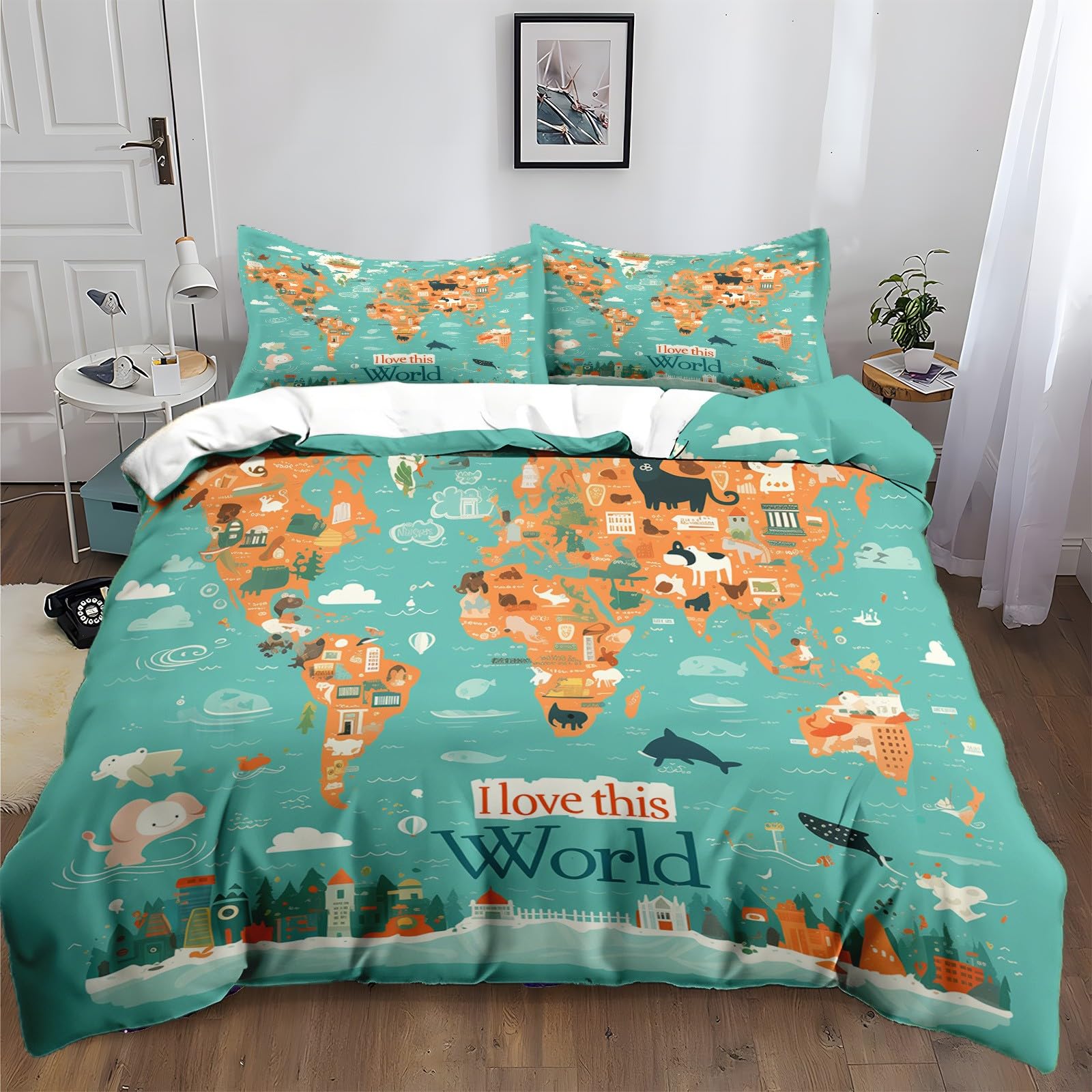 Parure de lit 220x240 cm carte du monde dessin animé et housse de couette microfibre avec zip