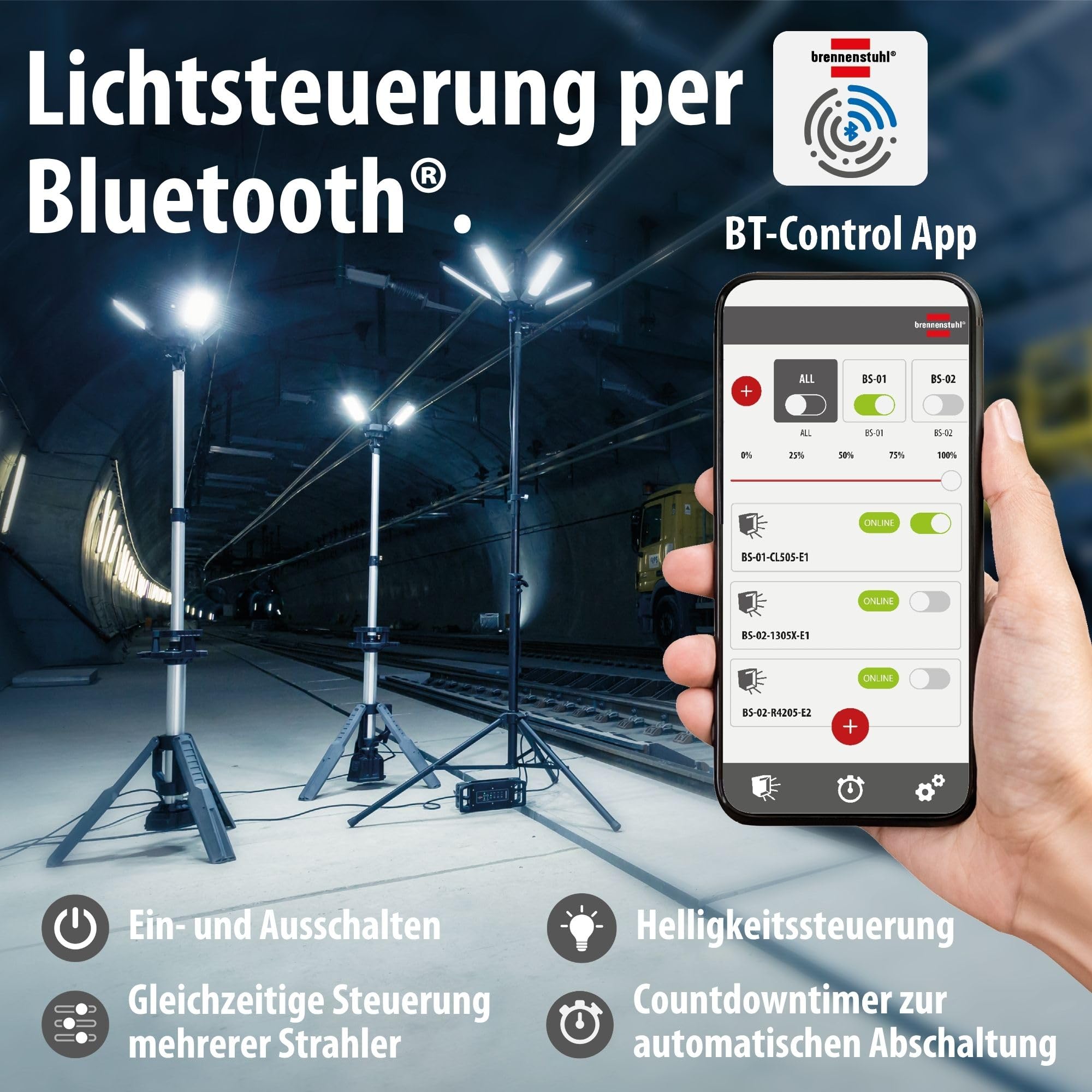 Brennenstuhl Professional LED Foco de trabajo híbrido CL 5050 MBAH (Foco de obra LED 50W, 6800lm, IP65, tecnología híbrida: cable de 5m y batería recargable, control Bluetooth)