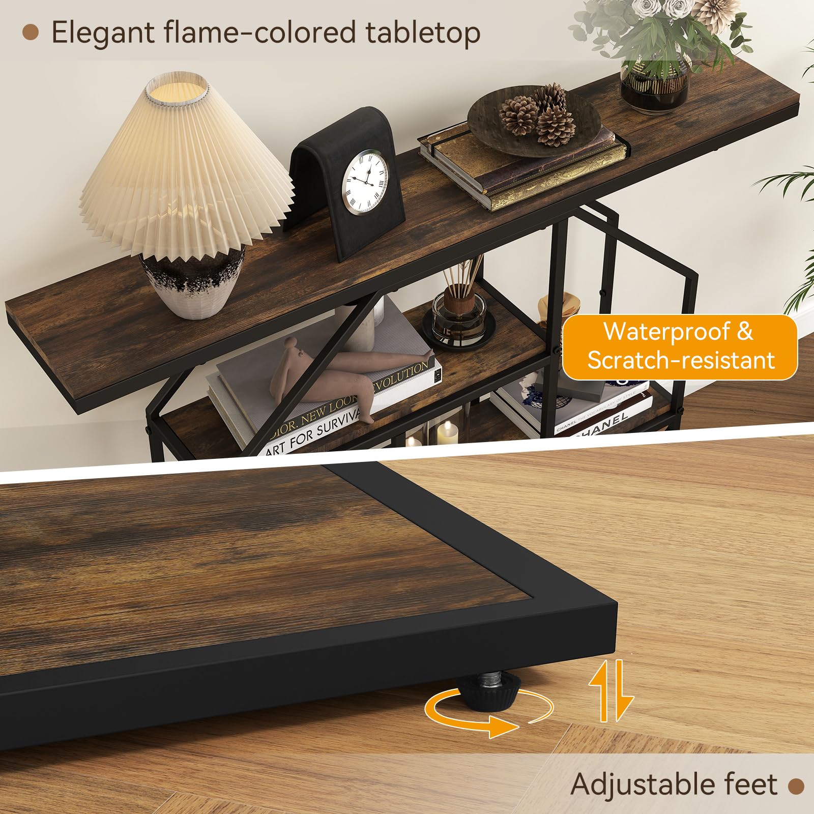 YU YUSING Consola Entrada Estilo Industrial, Mueble Recibidor Estrecho | 105 x 30 x 85 cm, con 4 niveles, Mesa Auxiliar Sofa con Patas Ajustables, Estructura Metálica Octogonal Estable, Marrón