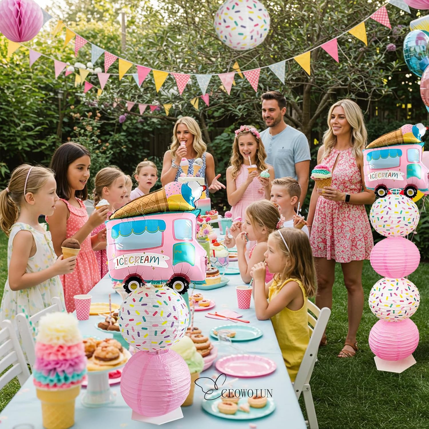 Ice Cream Balloon Column Stand Kit and Paper Lantern 2 Sets 5 Feet with Reusable Metal Telescopic Design for Ice Cream Parties, Birthday Decorations for Girls,Wedding, Baby Shower - Image 5