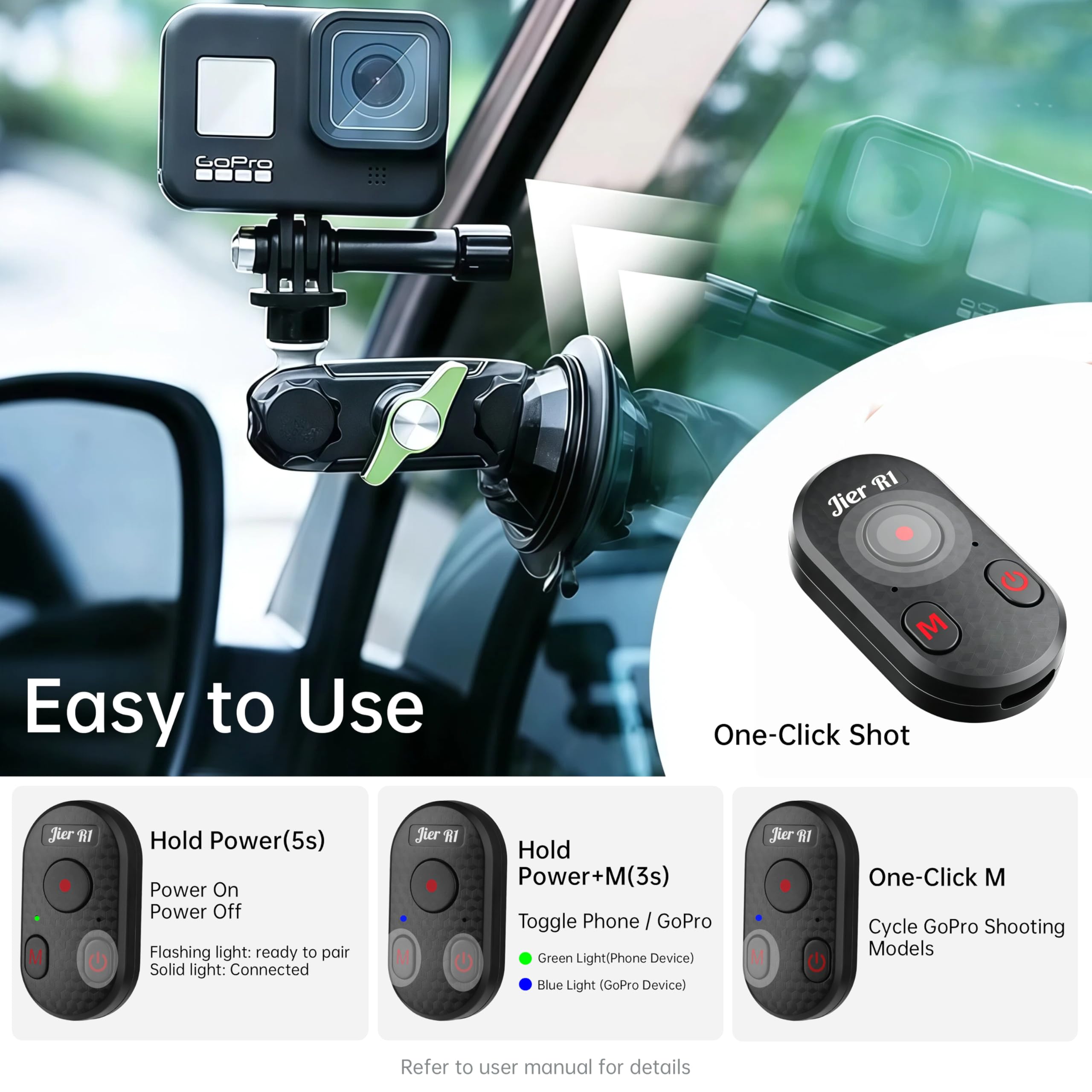 Jier Mando a distancia inalámbrico Bluetooth tipo C: compatible con iPhone, Android y GoPro. Fácil operación, batería de larga duración, ultraportátil, compatible con iPad/iPod/Tablet, ideal para