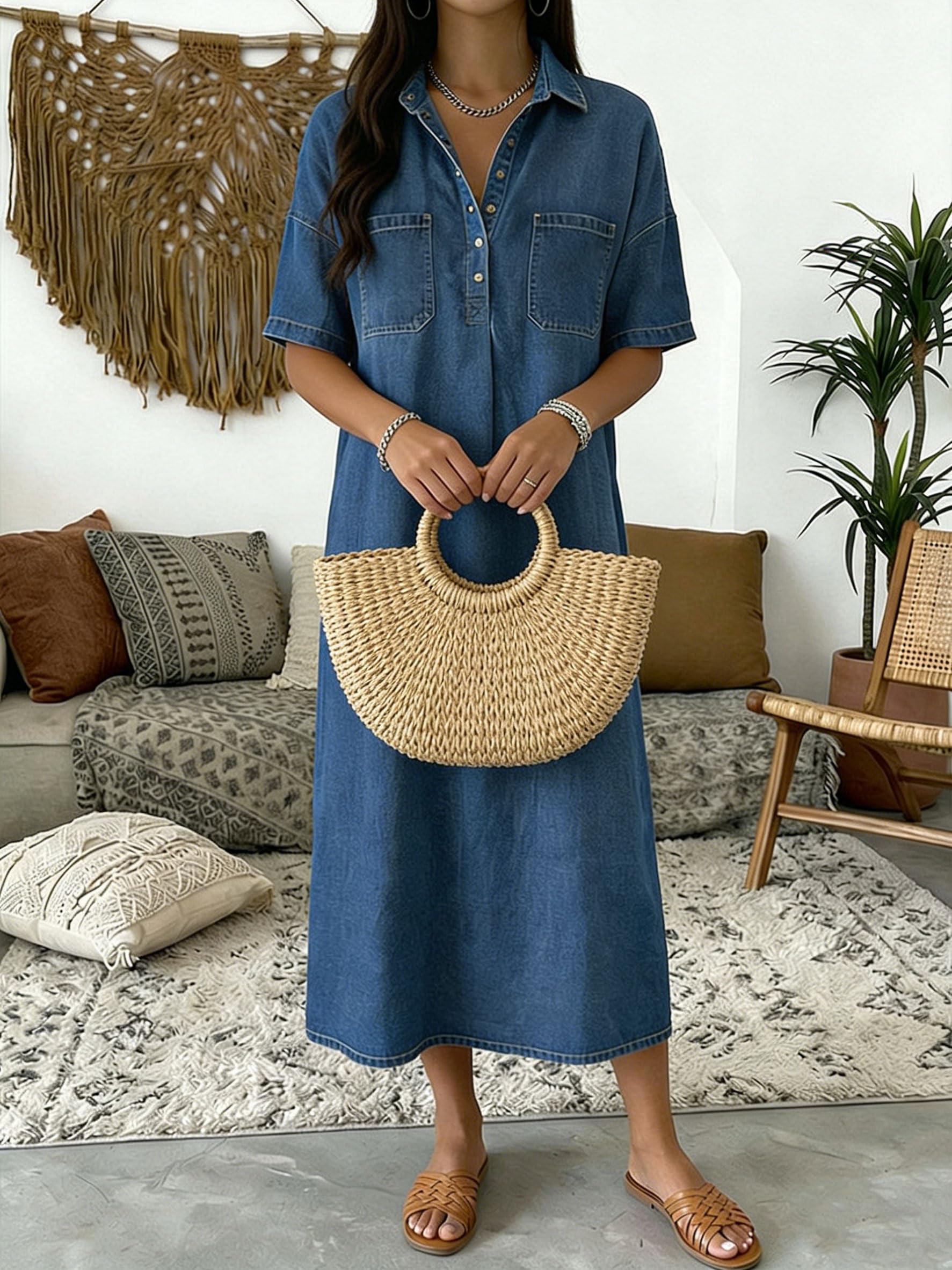 Vestido Vaquero Holgado de Verano para Mujer con Cuello en V y Botones; Vestido Vaquero Casual Holgado con Pliegues y Manga Corta