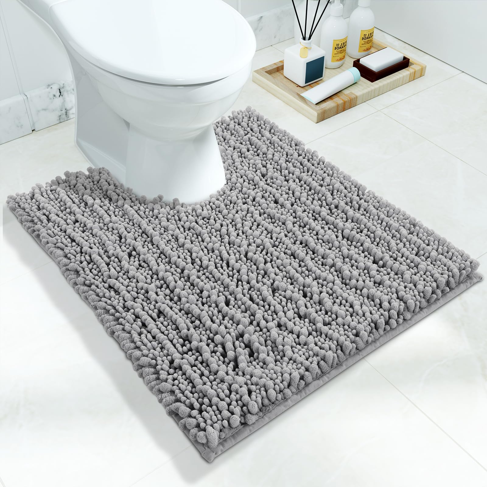Toilet Rug U Shaped Washable 24x20 Inch - Ultra Soft Absorbent Chenille Bath Rugs for Toilet, Quick Dry & Machine Washable, Non Slip Contour Bathroom Mat, Gray
