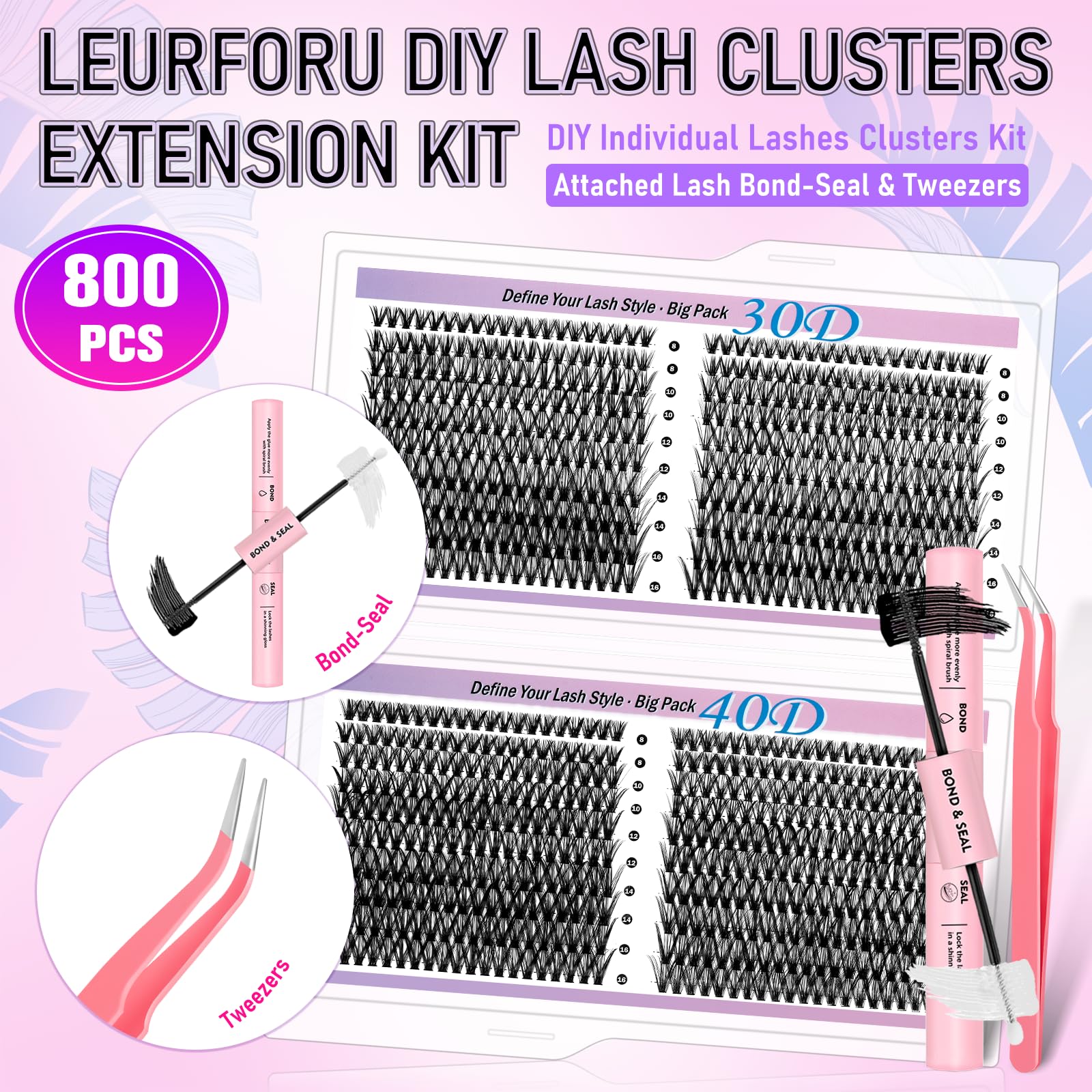 Lash Clusters Kit Wispy Lash Clusters 30D+40D Eyelash Clusters DIY Individual Lashes Clusters Kit 800pcs 8-16mm Self Adhesive Eyelashes Kit Thin Band Lash Bond and Seal Tweezers