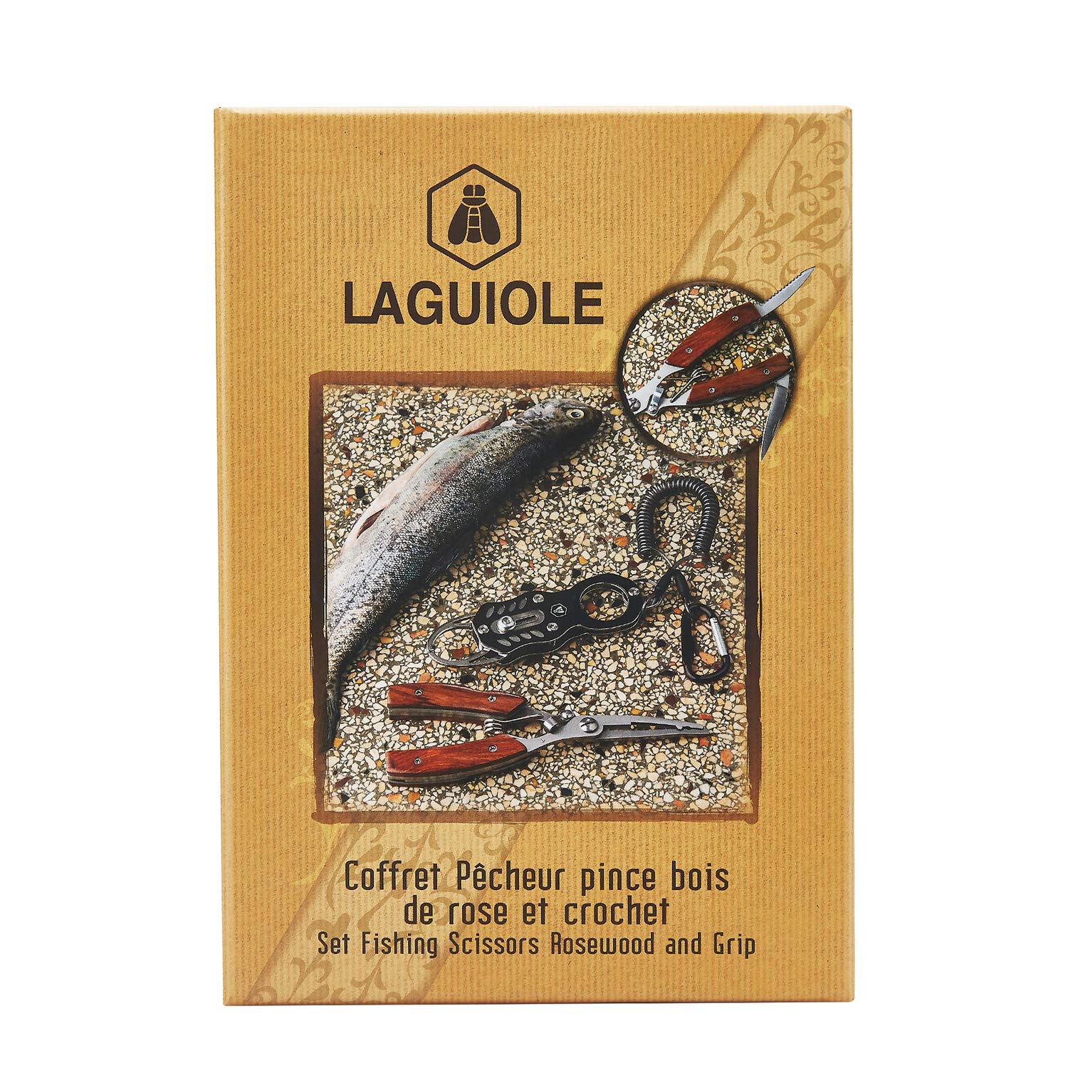 LAGUIOLE - Laguiole 40268483 Coffret Pêcheur contenant une Pince (22 cm) et un Crochet en Acier Inoxydable avec Manche en Bois de Rose Marron