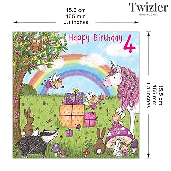 Amazon | Twizler 4歳の誕生日カード 女の子 ユニコーン付き – 4
