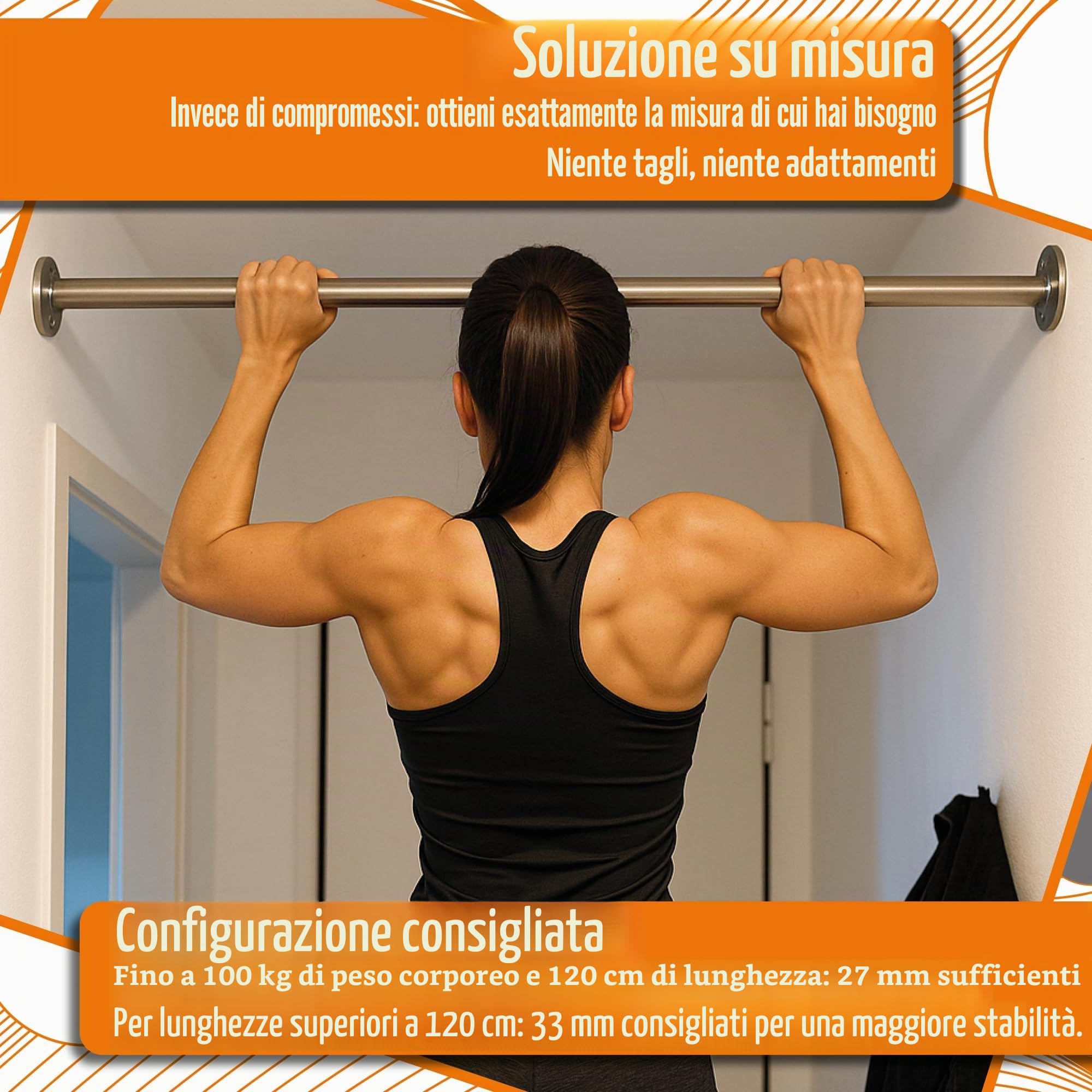 Sbarra per trazioni in acciaio inox da parete – su misura fino a 150 cm – con kit di fissaggio – ideale per casa, ufficio, palestra domestica