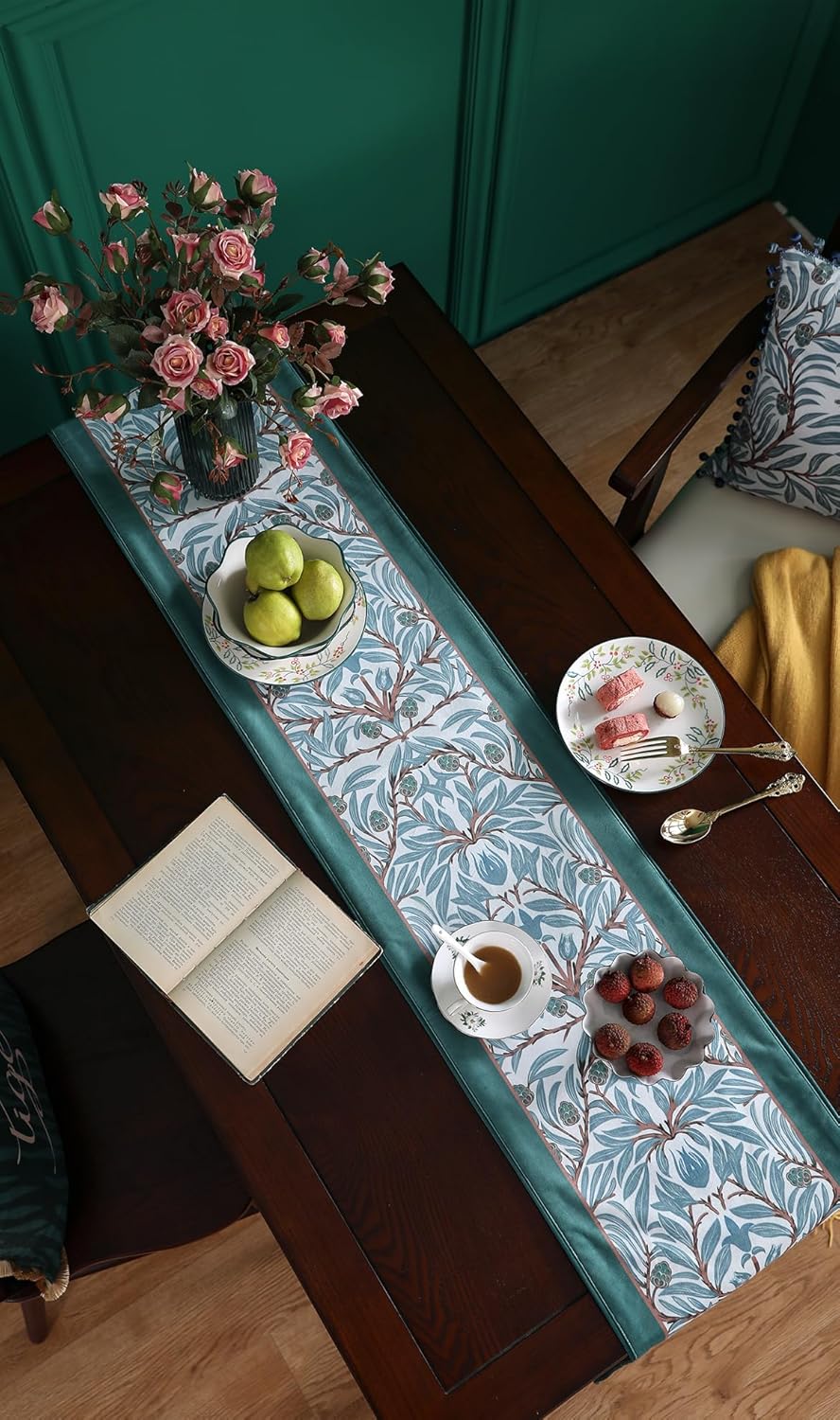 patdrea Designer Elegant Jungles Velvet Table Runner 71 Inch Long, Dark Cyan Color with Leaves Pattern Table Mat, Decoration for Kitchen Dining Coffee Table Cabinet Banquet Thanksgiving,12"*71"