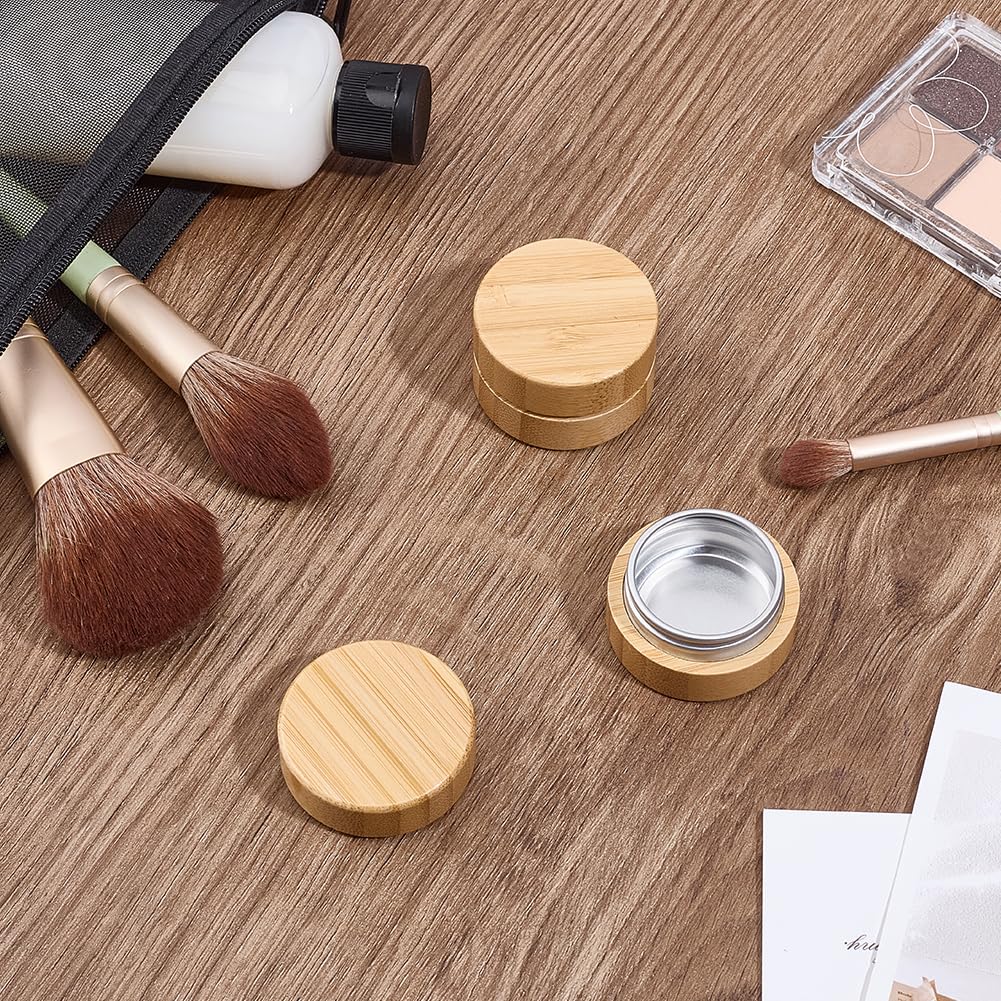 MAYJOYDIY 10ML Empty Refillable Cosmetic Jars with Bamboo Shell Aluminum Tin Jar with Screw Cap Smooth Wooden Cream Container Empty Sample Jar for Travel Storage Cosmetic Lip Balm Cream - Image 4